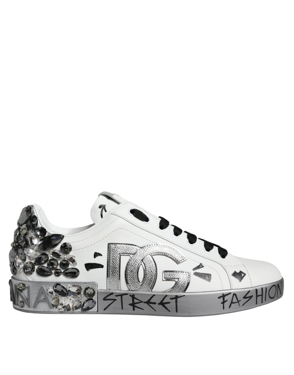 Dolce &amp; Gabbana – Portofino – Sneaker mit Kristall-Logo in Weiß und Silber