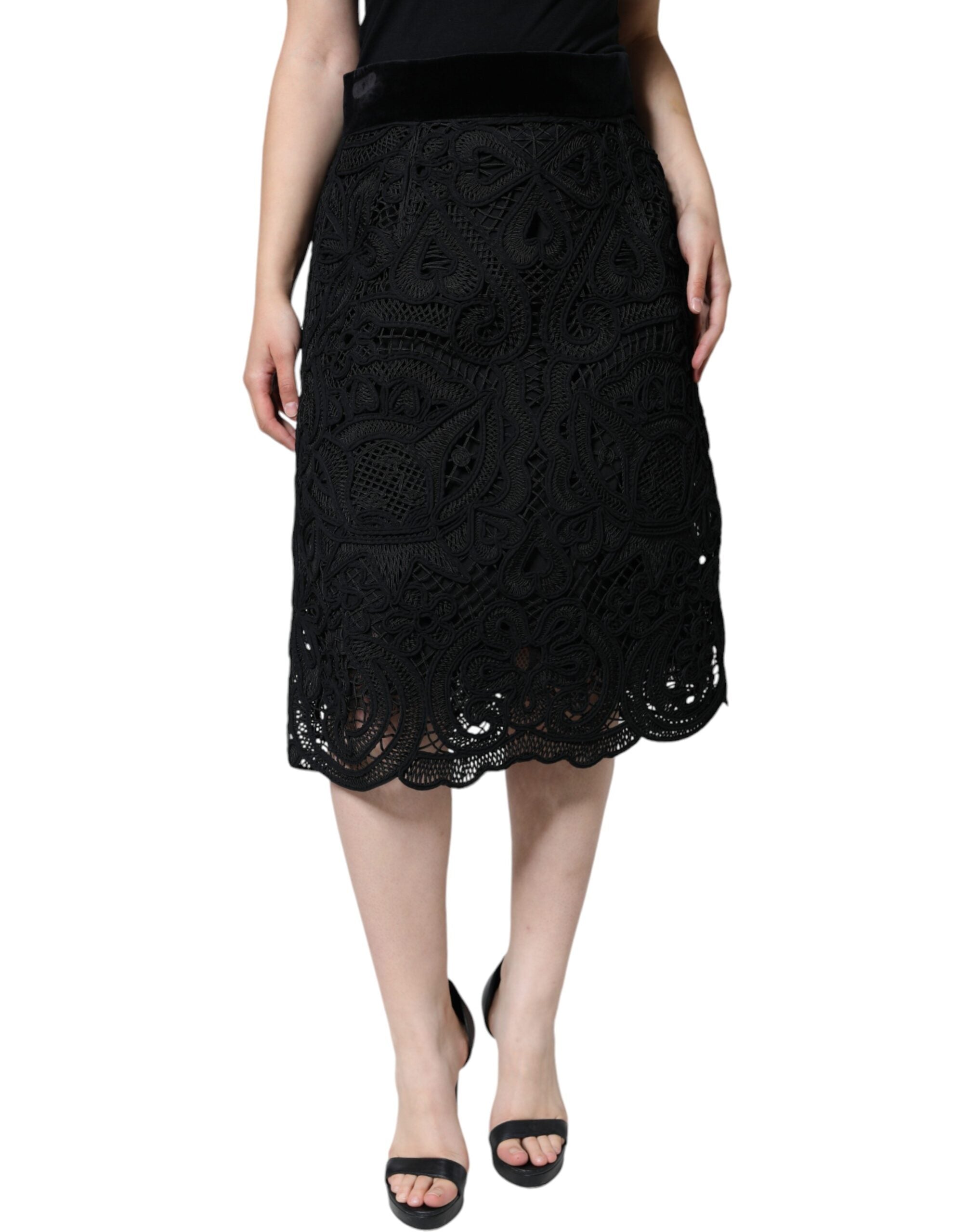 Dolce &amp; Gabbana – Schwarzer Bleistiftrock mit Blumenspitze und hoher Taille
