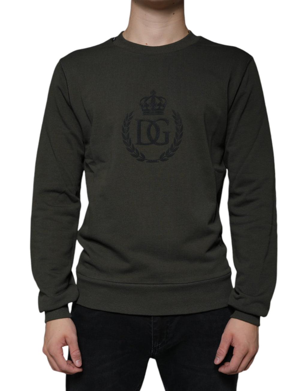 Dolce &amp; Gabbana Armygrüner Pullover mit DG-Krone und Rundhalsausschnitt