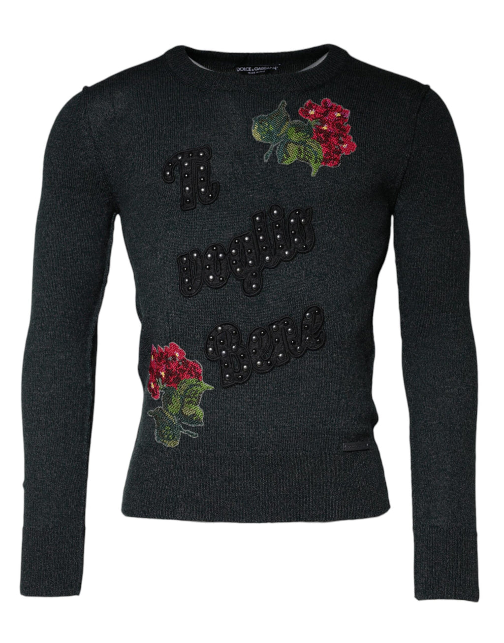 Dolce &amp; Gabbana – Grauer Pullover mit Rundhalsausschnitt und Verzierung