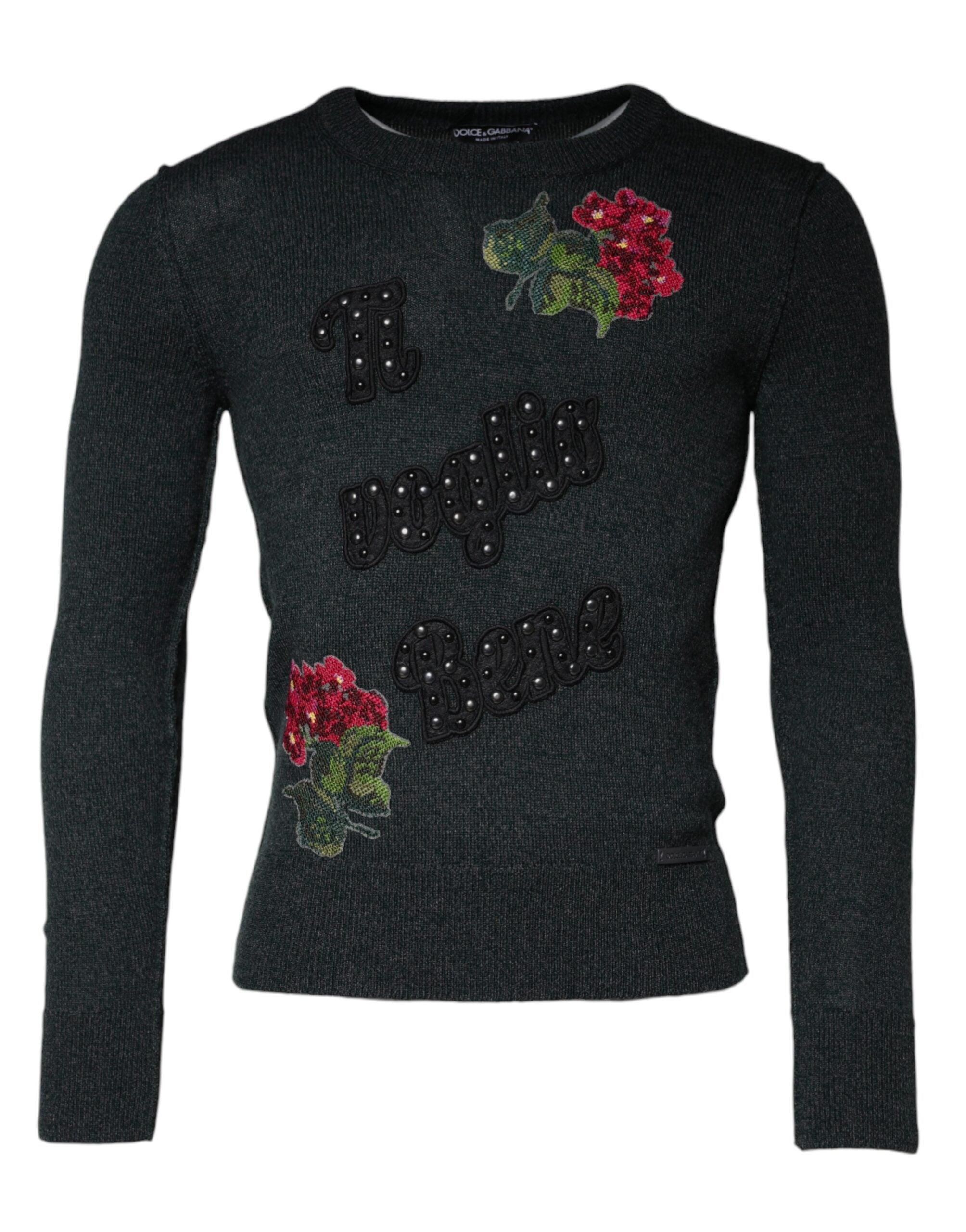 Dolce &amp; Gabbana – Grauer Pullover mit Rundhalsausschnitt und Verzierung