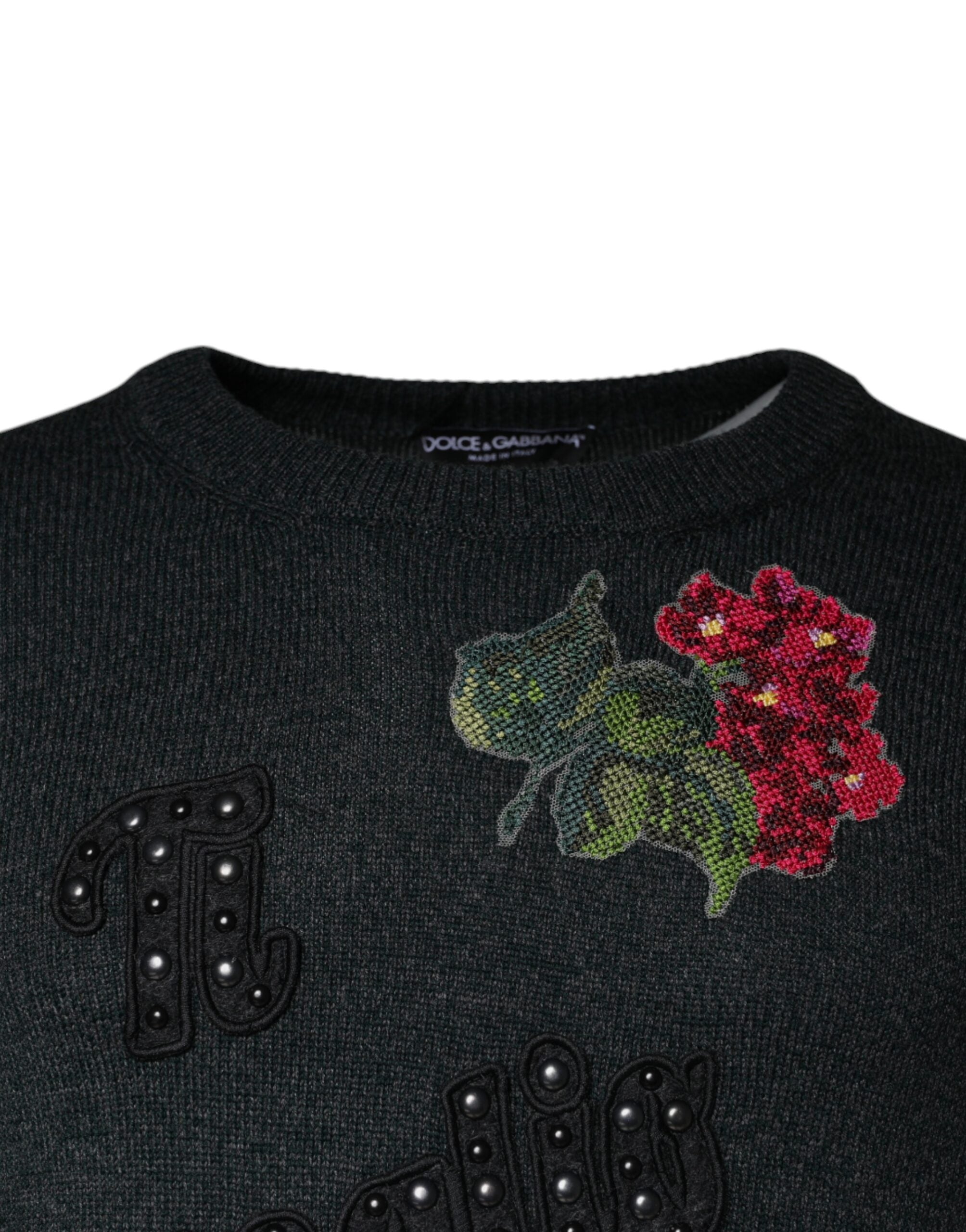 Dolce &amp; Gabbana – Grauer Pullover mit Rundhalsausschnitt und Verzierung