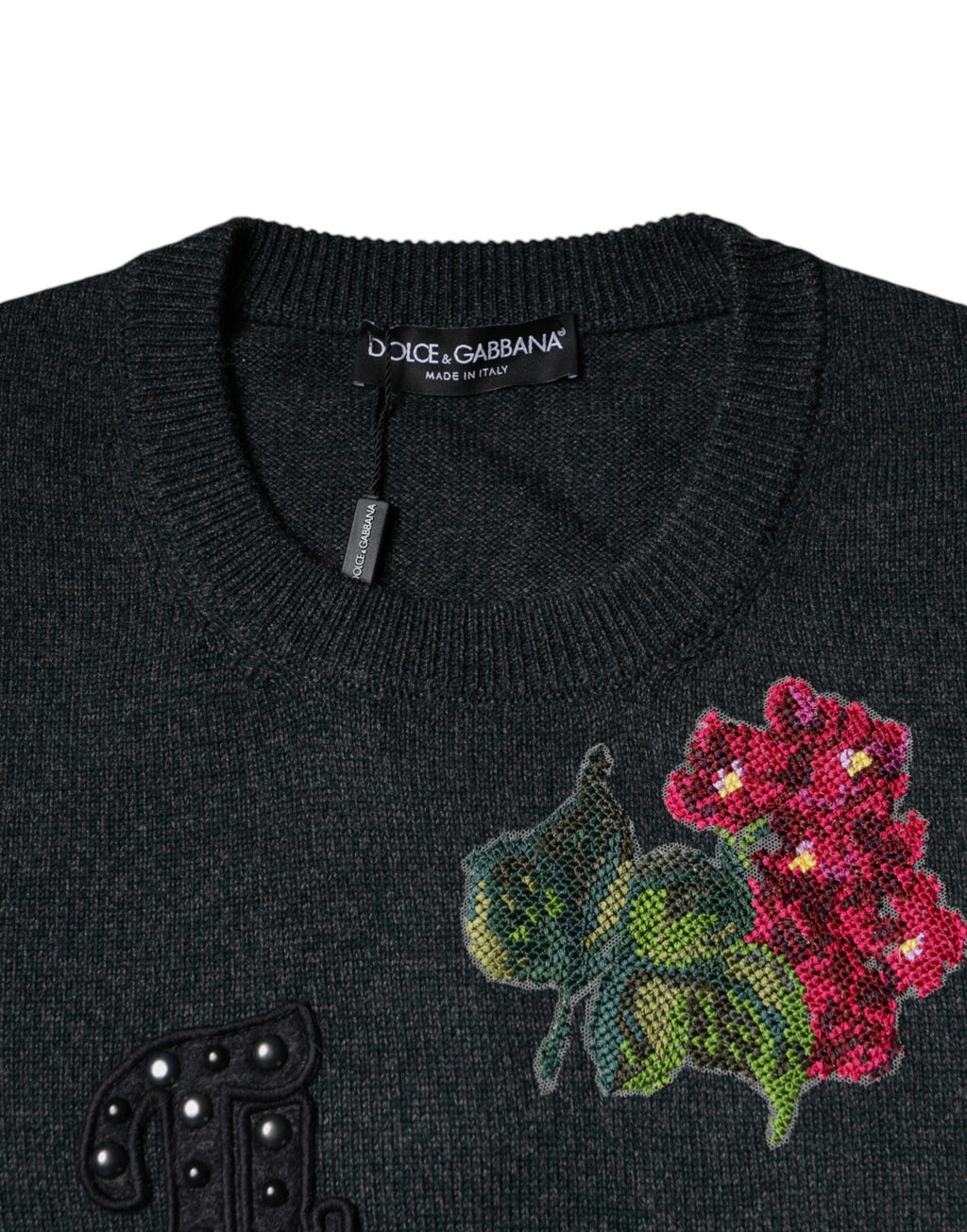 Dolce &amp; Gabbana – Grauer Pullover mit Rundhalsausschnitt und Verzierung