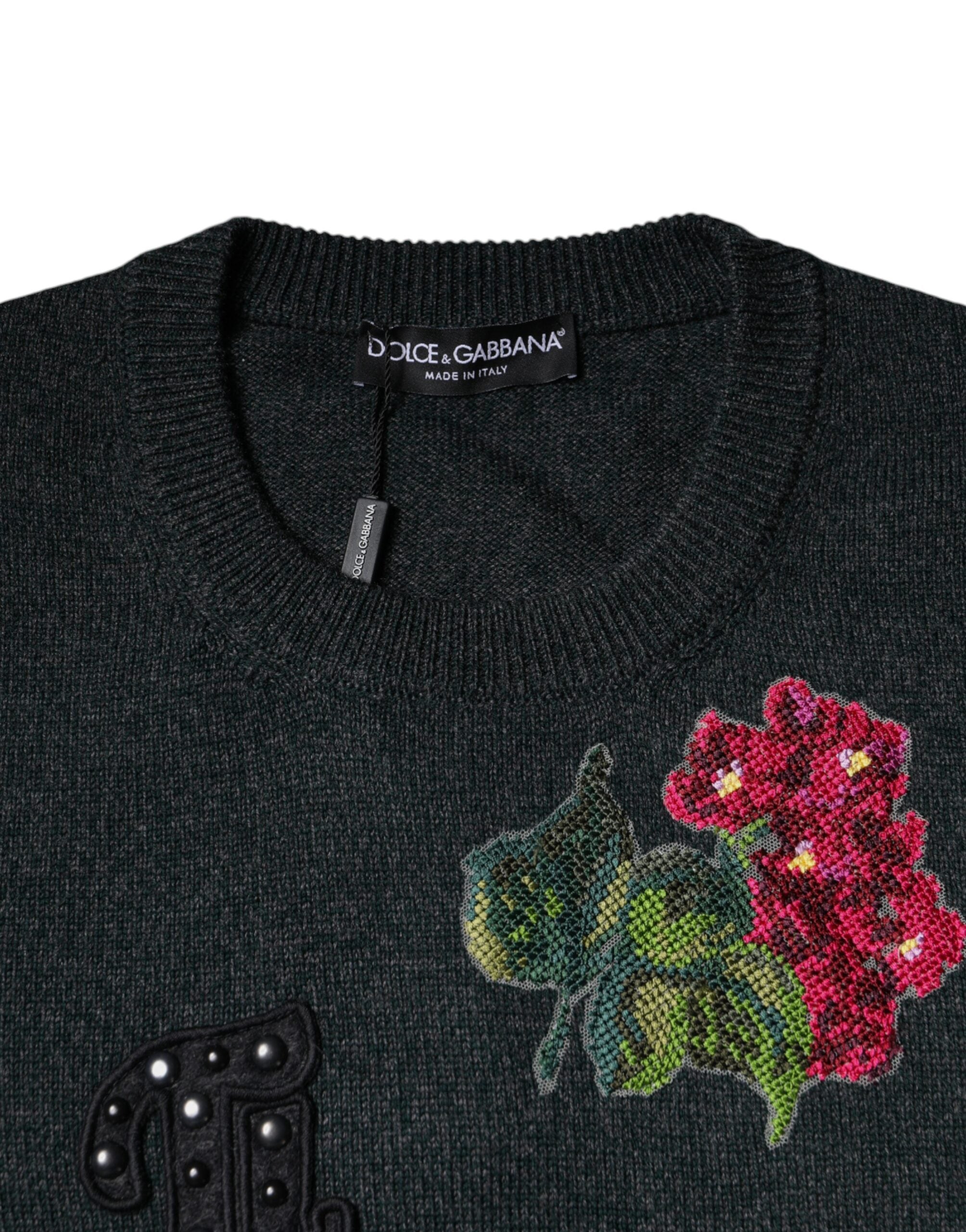 Dolce &amp; Gabbana – Grauer Pullover mit Rundhalsausschnitt und Verzierung