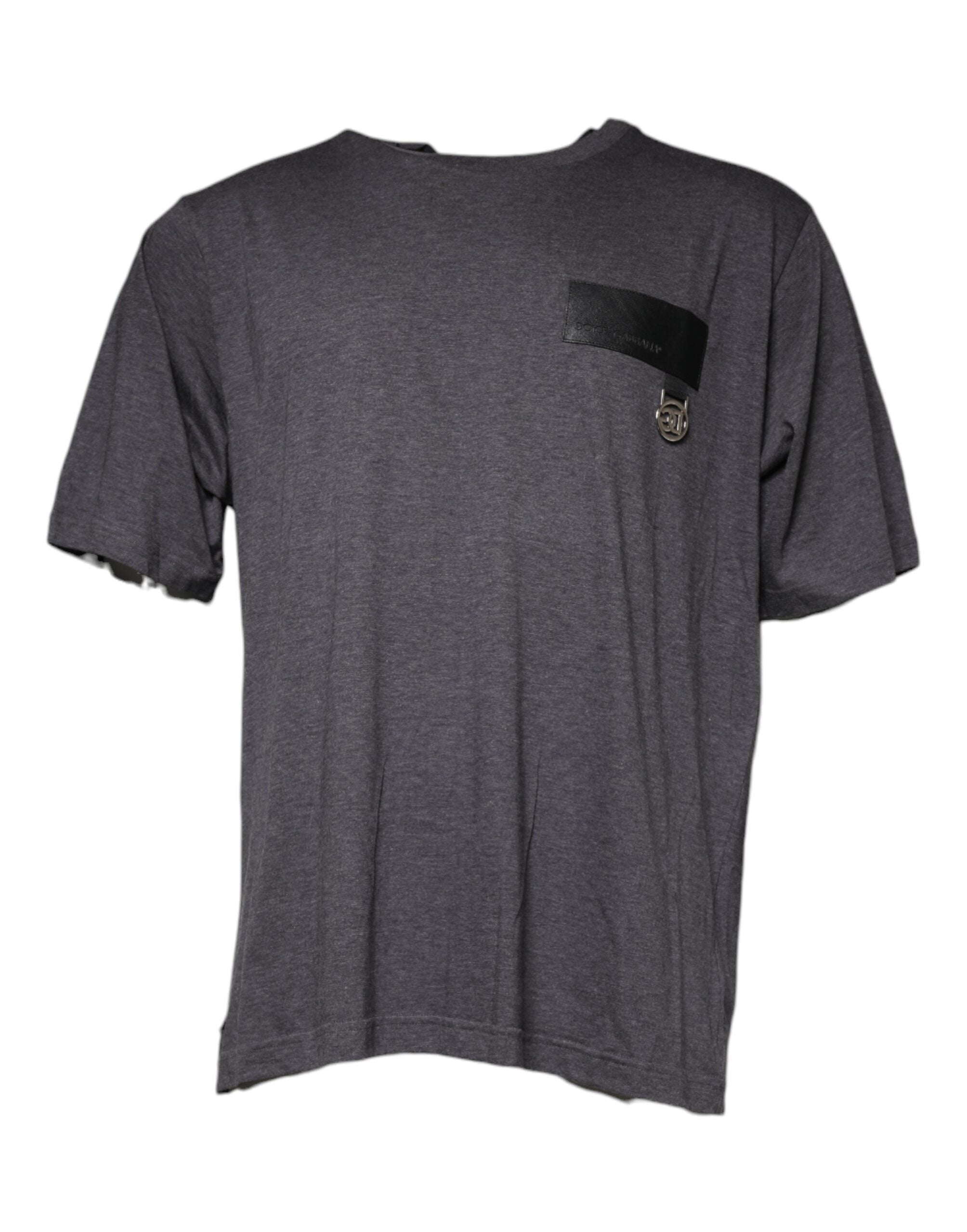 Dolce &amp; Gabbana – Graues Baumwoll-T-Shirt mit Rundhalsausschnitt und Logo-Patch