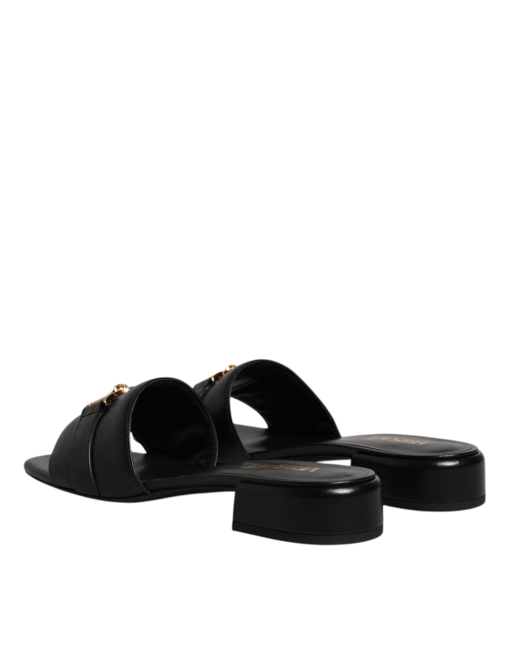 Versace – Schwarze Slipper aus Leder mit Logo-Schild