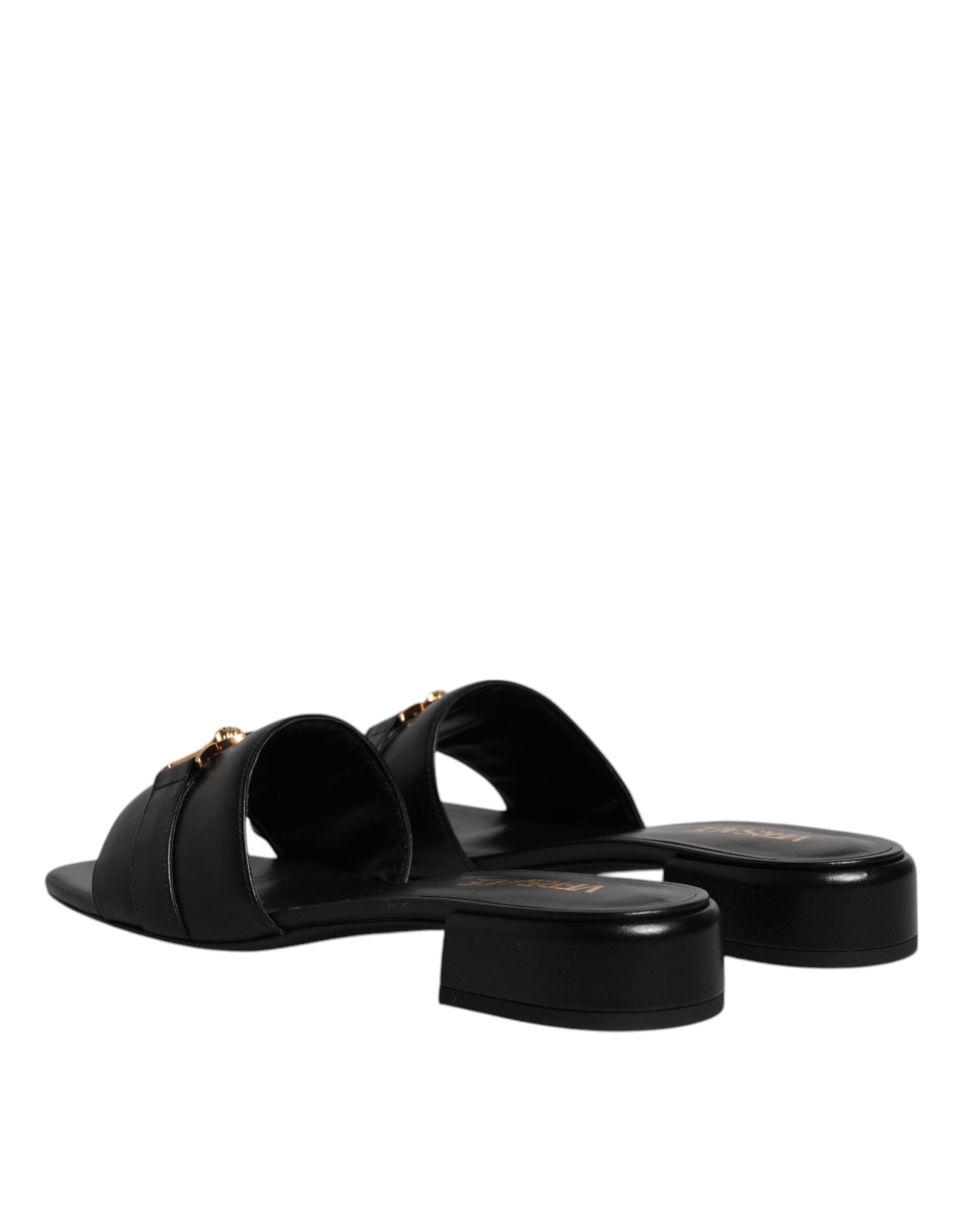 Versace – Schwarze Slipper aus Leder mit Logo-Schild