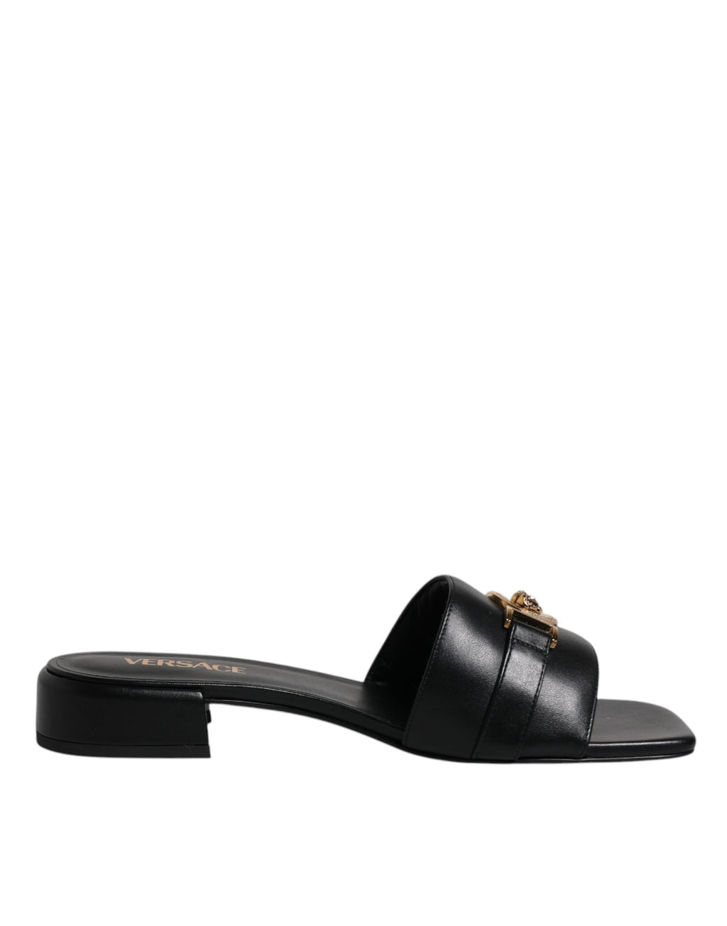 Versace – Schwarze Slipper aus Leder mit Logo-Schild