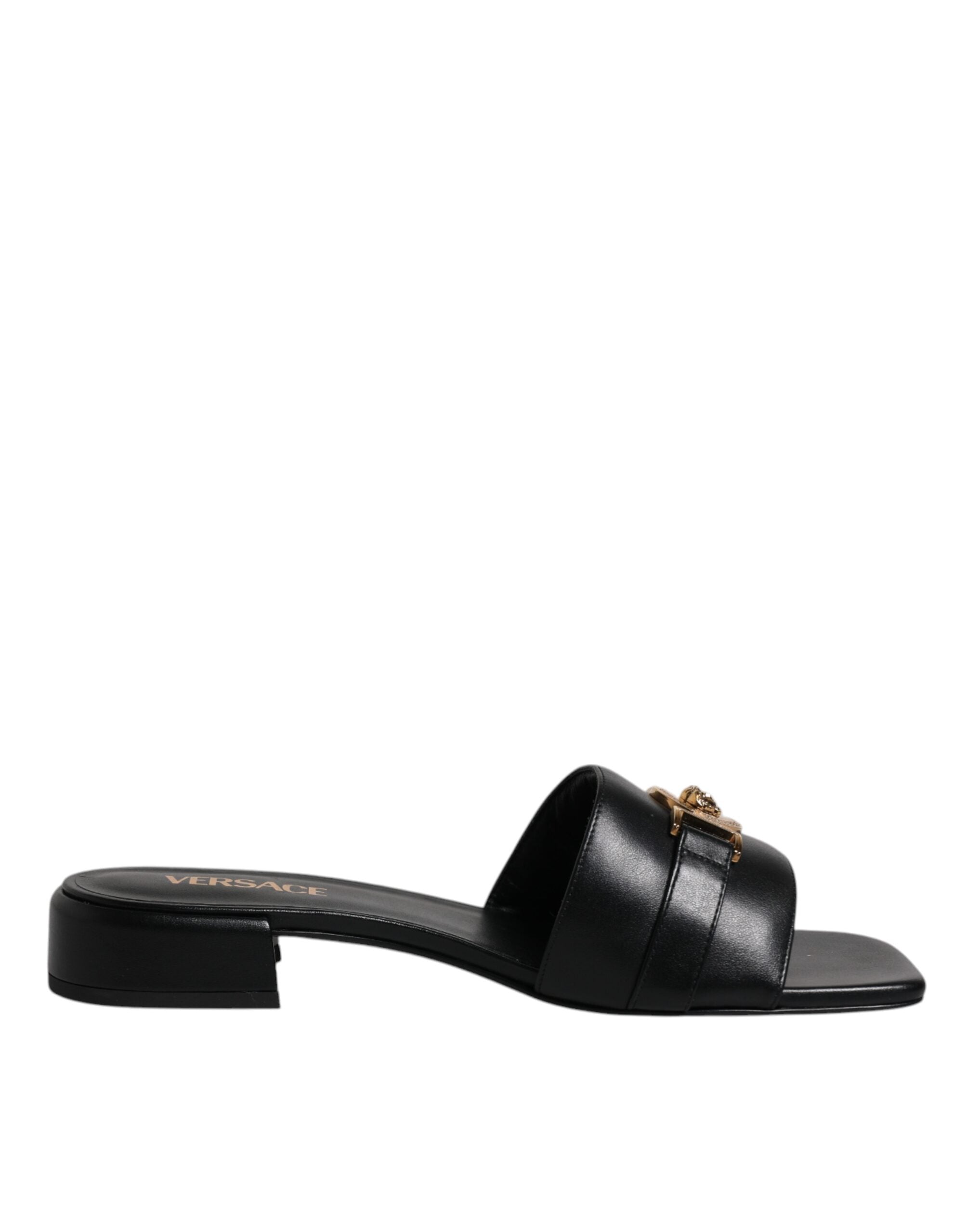 Versace – Schwarze Slipper aus Leder mit Logo-Schild
