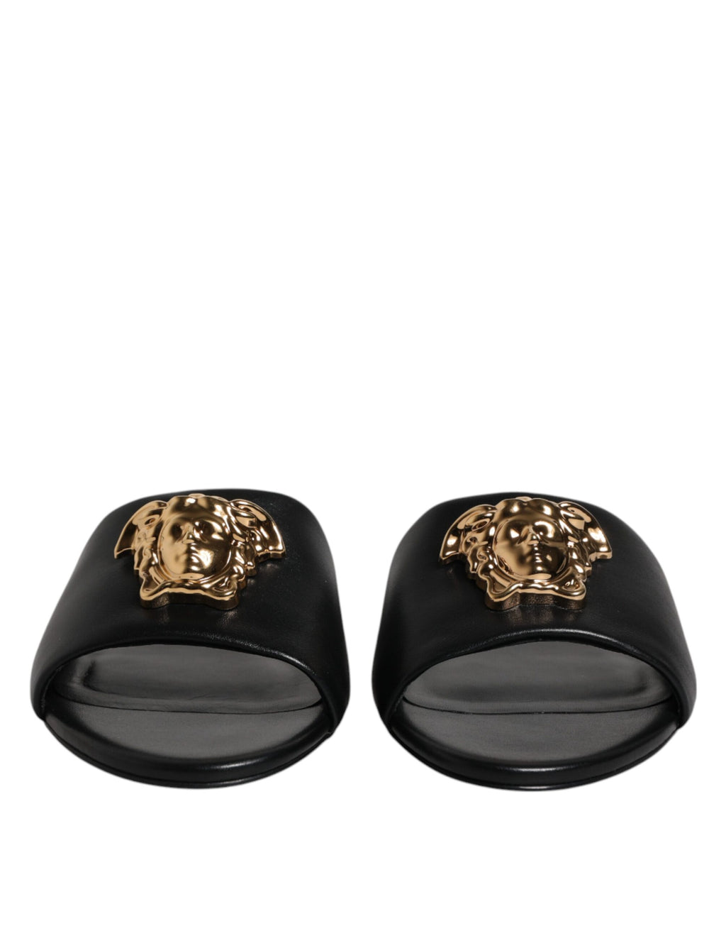 Versace – Schwarze Slipper aus Leder mit Logo-Schild