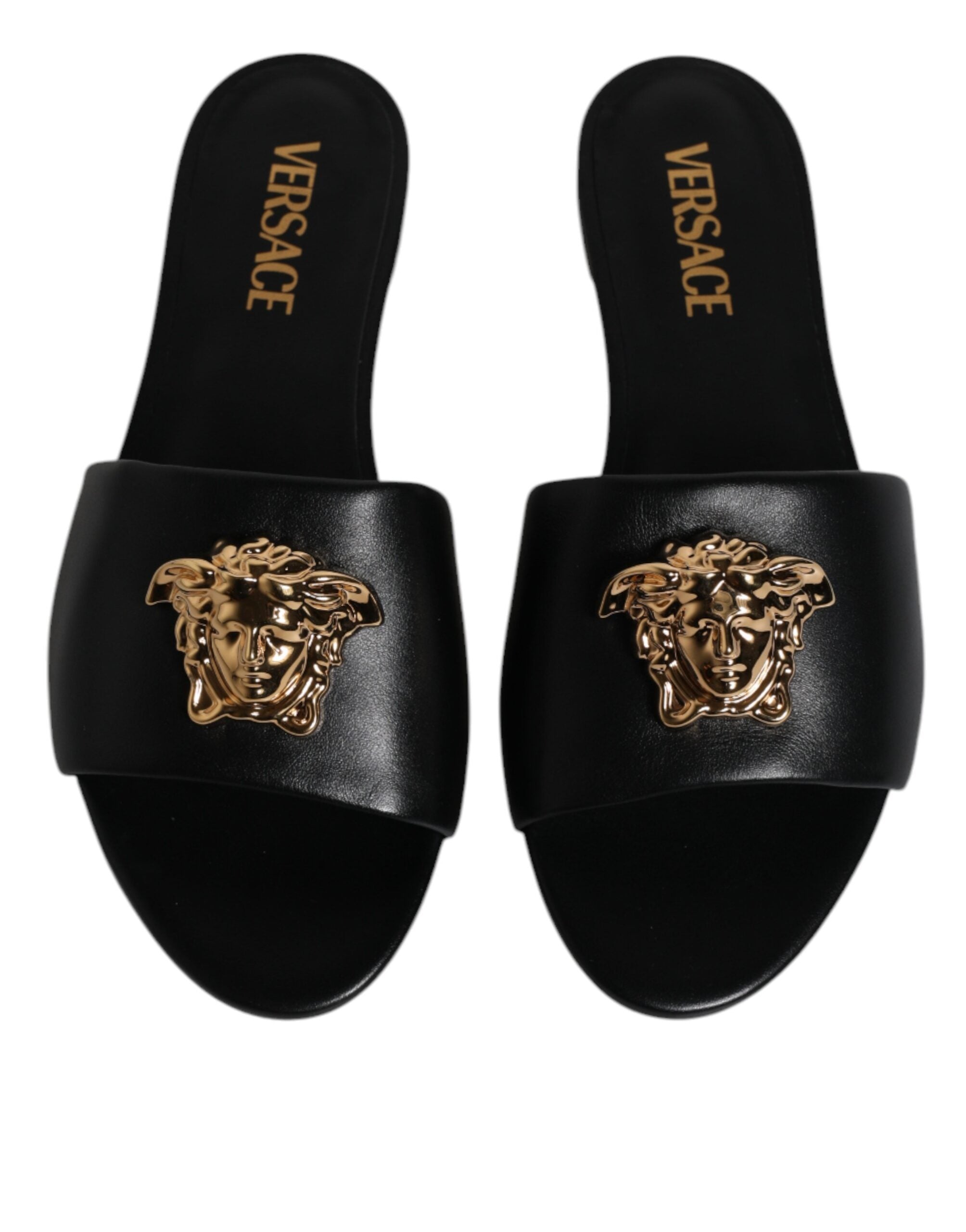 Versace – Schwarze Slipper aus Leder mit Logo-Schild