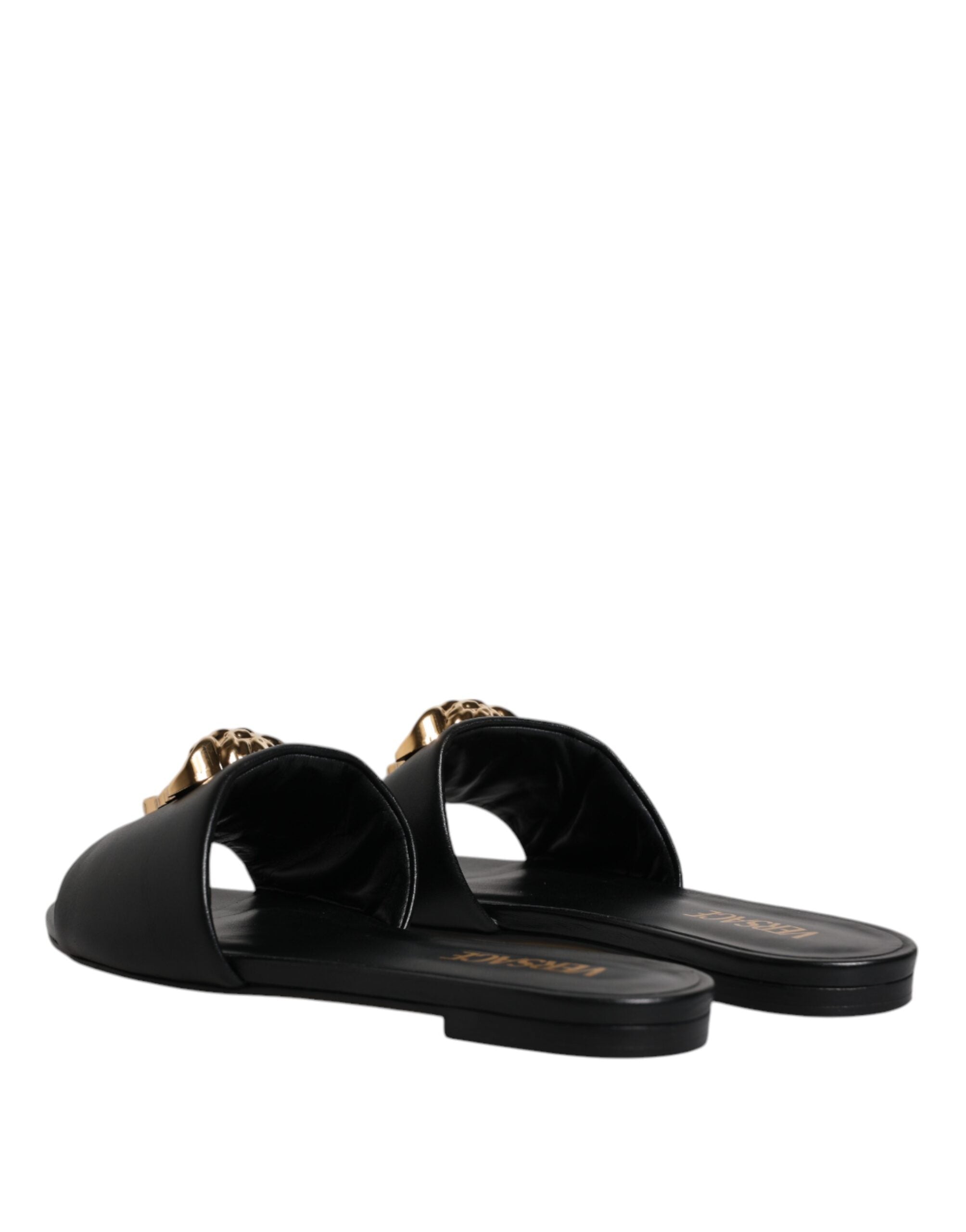 Versace – Schwarze Slipper aus Leder mit Logo-Schild