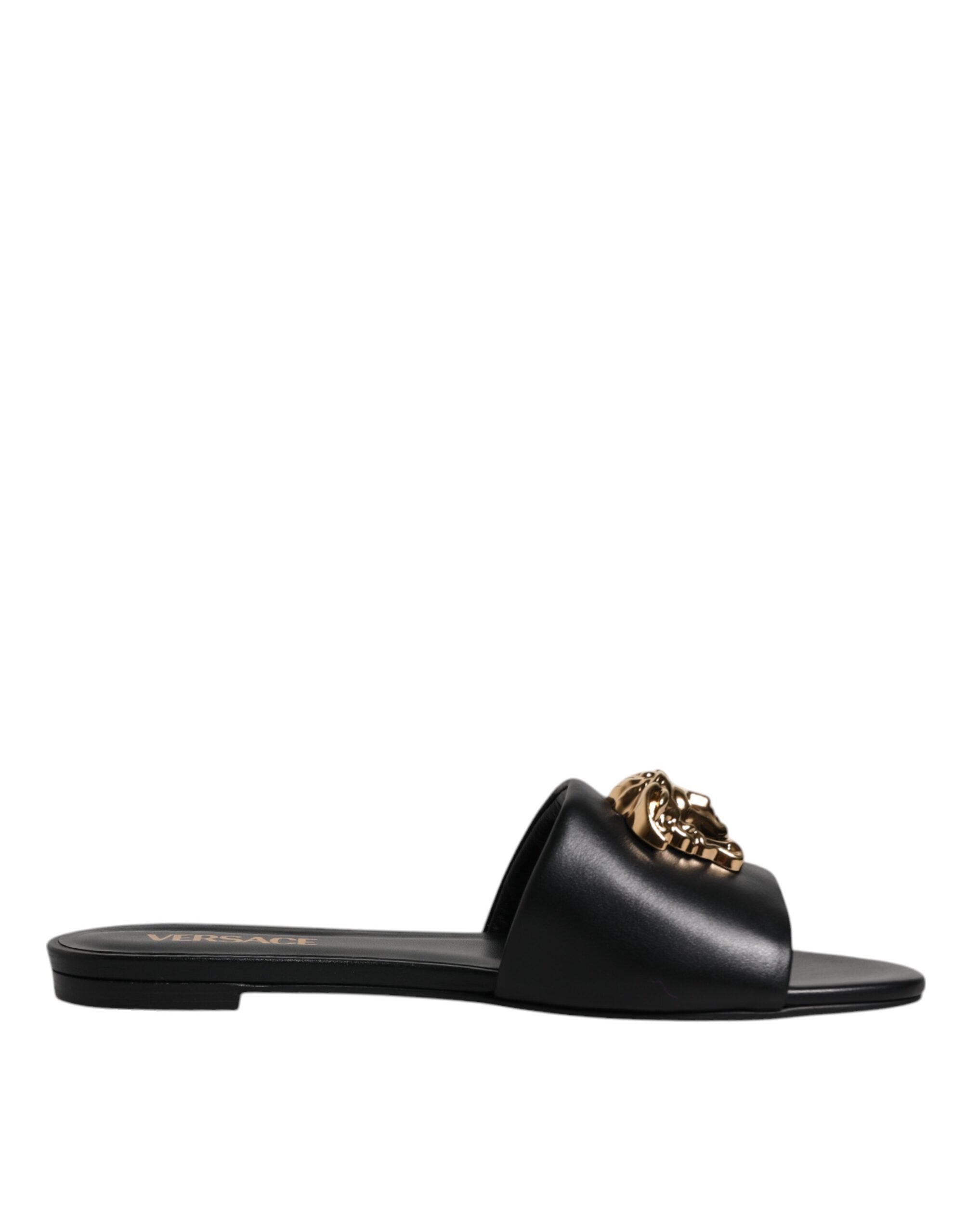 Versace – Schwarze Slipper aus Leder mit Logo-Schild