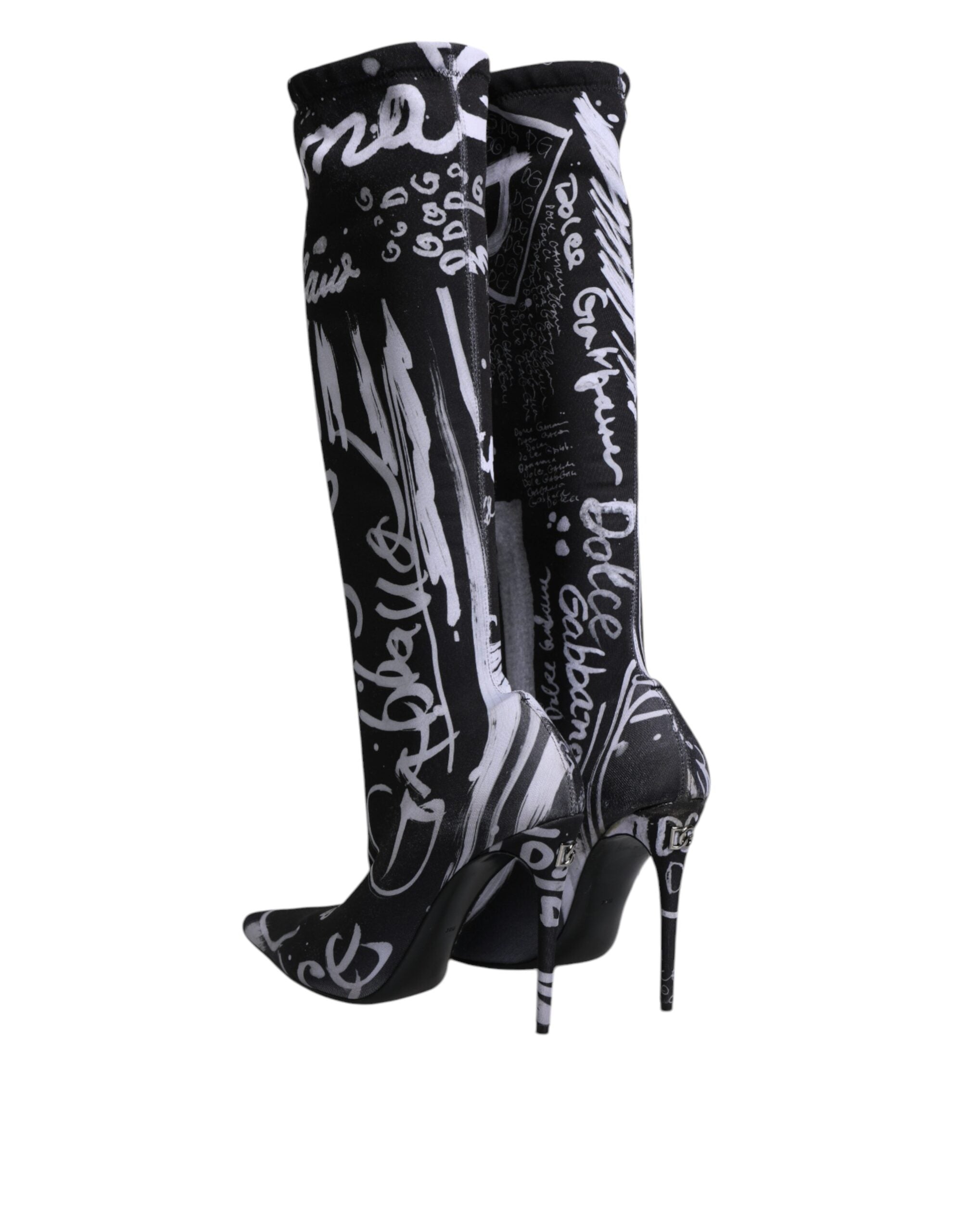 Dolce &amp; Gabbana Schwarze Logo Stretch Heels Hohe Stiefel Schuhe