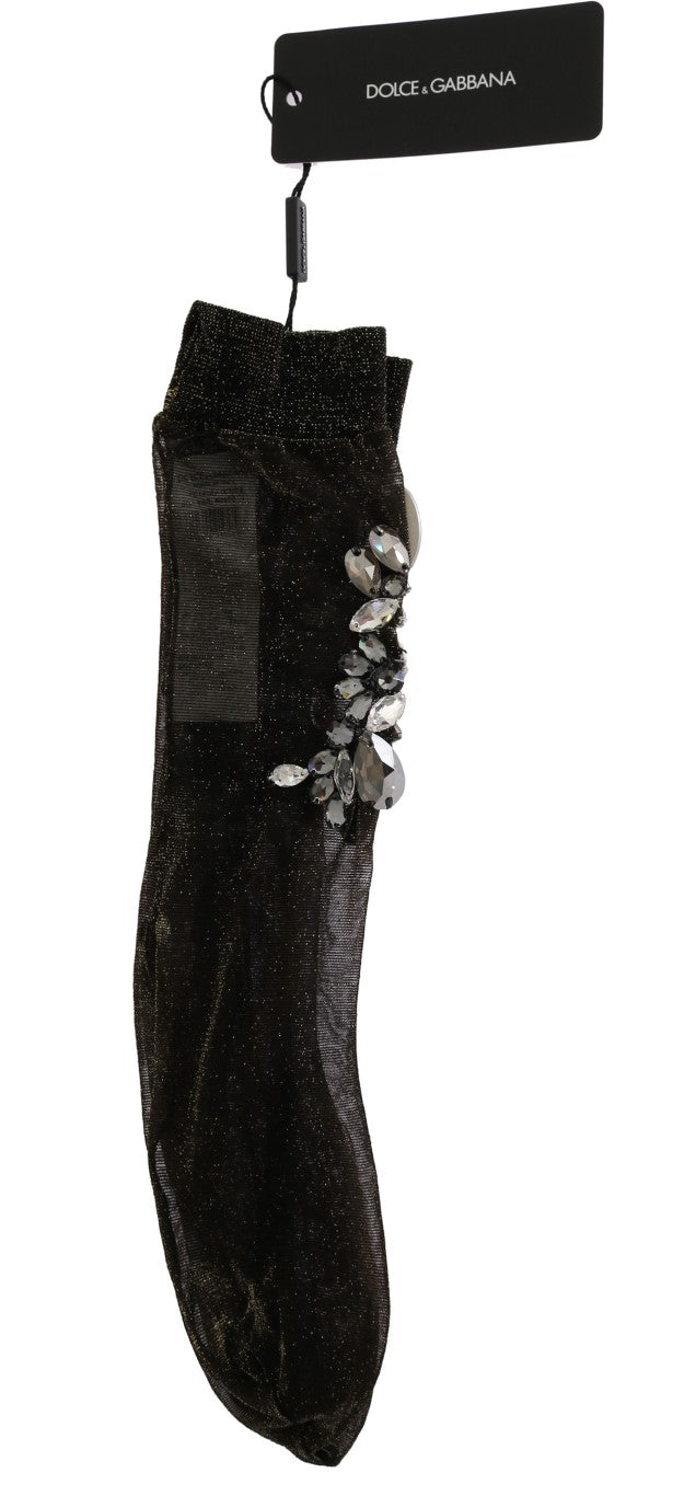 Dolce &amp; Gabbana Schwarze, wadenlange Strümpfe mit Kristallverzierung