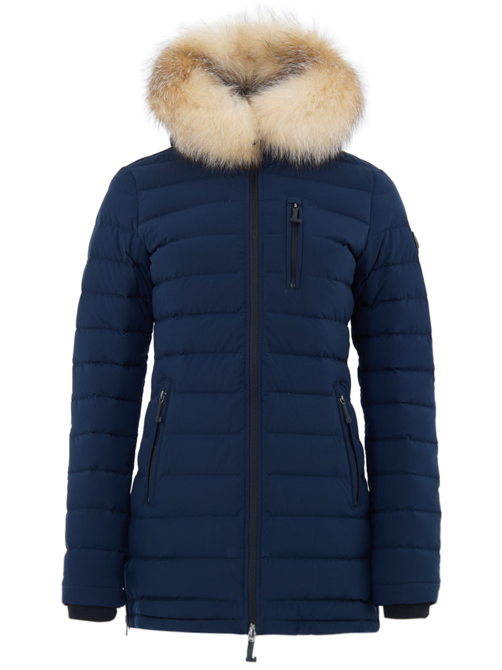 Lightweight Down Jacket with Moose Knuckles Fur Collar in Blue