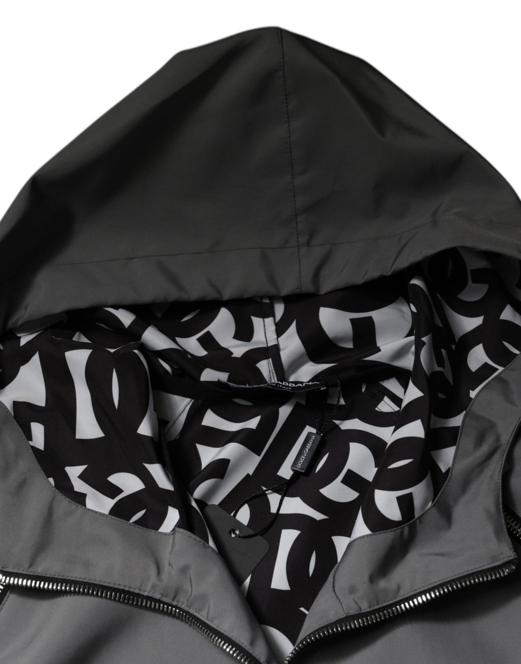 Dolce &amp; Gabbana Graue Polyesterjacke mit Kapuze und durchgehendem Reißverschluss für Herren