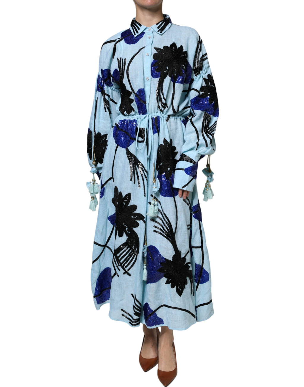 Christian Pellizzari – Hellblaues Maxi-Hemdkleid mit Blumenverzierung