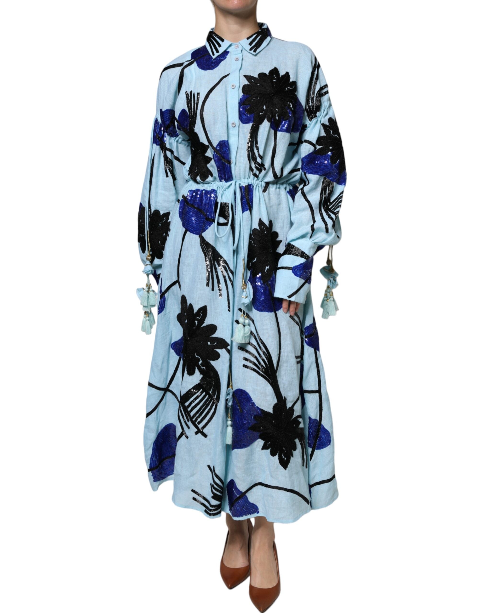 Christian Pellizzari – Hellblaues Maxi-Hemdkleid mit Blumenverzierung
