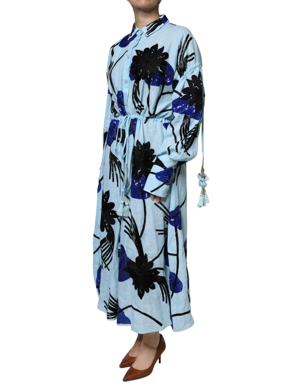 Christian Pellizzari – Hellblaues Maxi-Hemdkleid mit Blumenverzierung