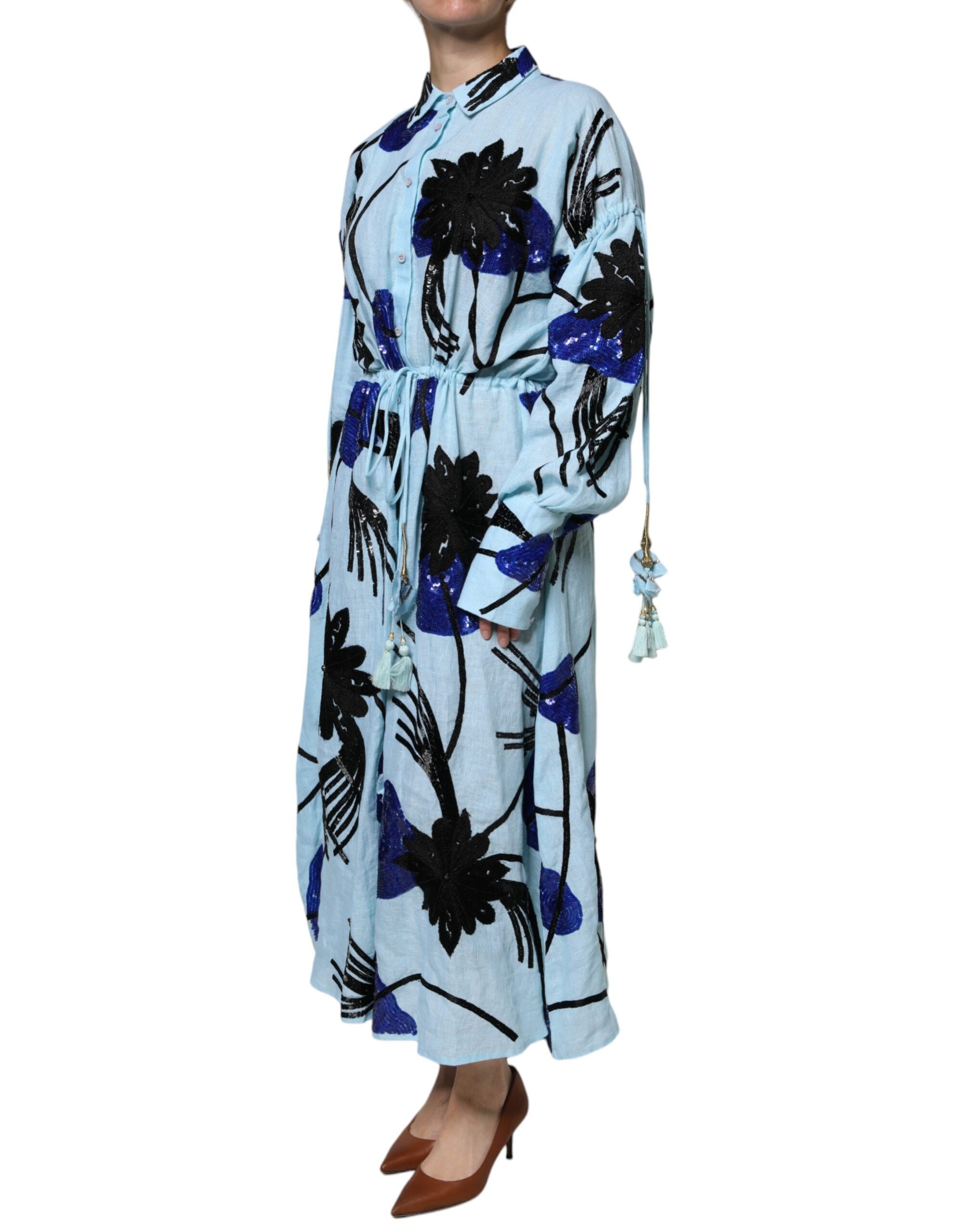 Christian Pellizzari – Hellblaues Maxi-Hemdkleid mit Blumenverzierung