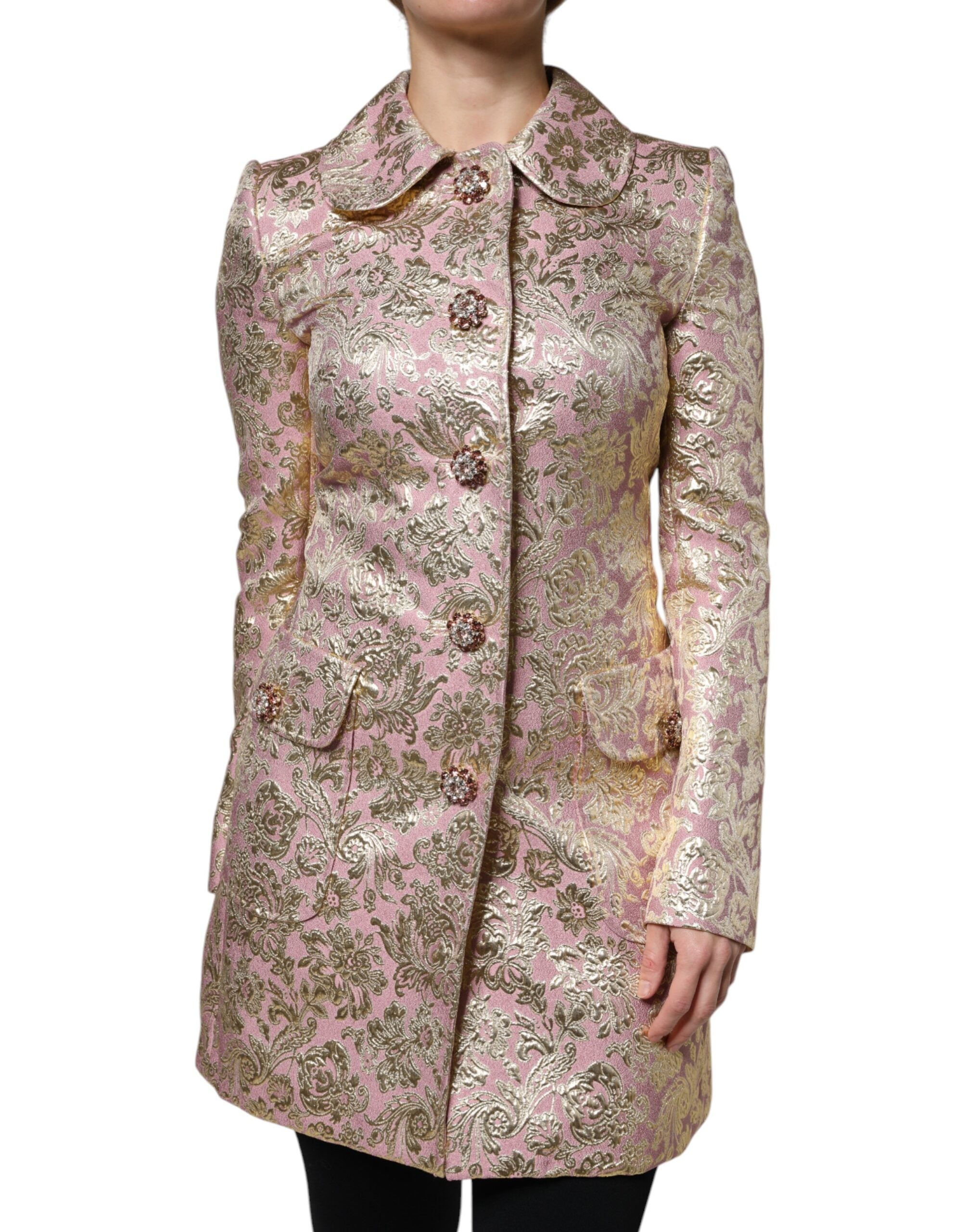 Dolce &amp; Gabbana – Jacquard-Manteljacke mit Schmuckknöpfen in Metallic-Pink-Gold