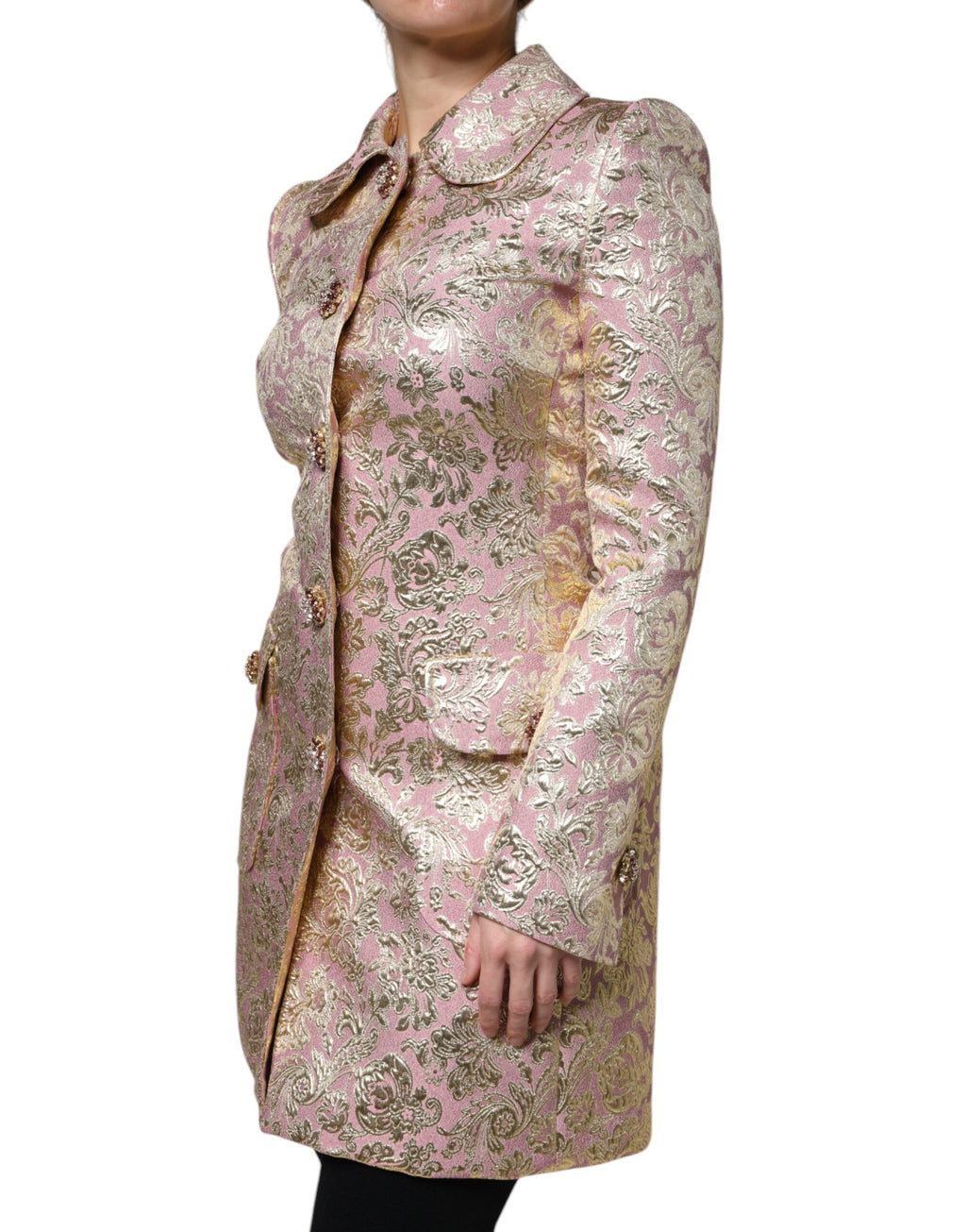 Dolce &amp; Gabbana – Jacquard-Manteljacke mit Schmuckknöpfen in Metallic-Pink-Gold