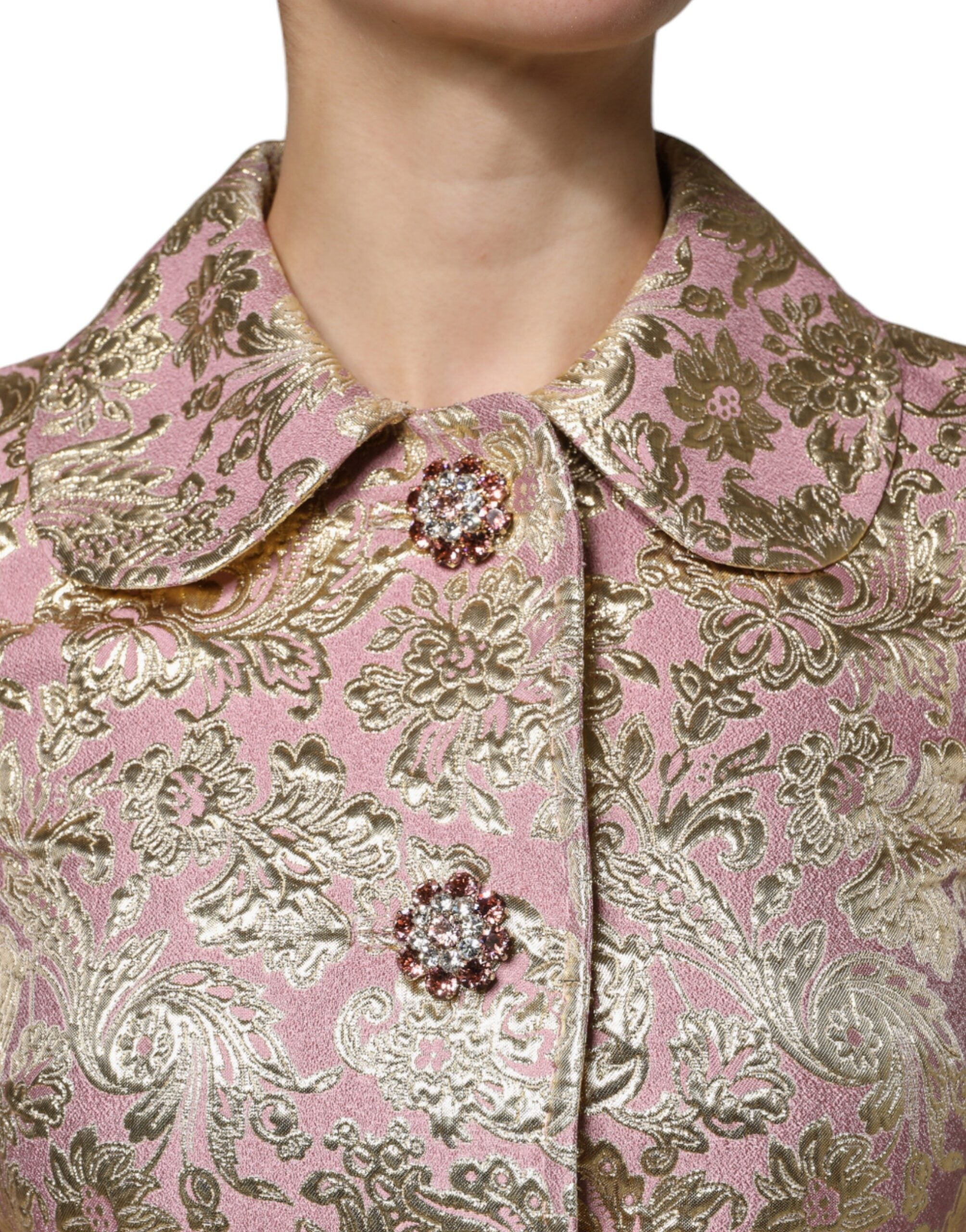 Dolce &amp; Gabbana – Jacquard-Manteljacke mit Schmuckknöpfen in Metallic-Pink-Gold