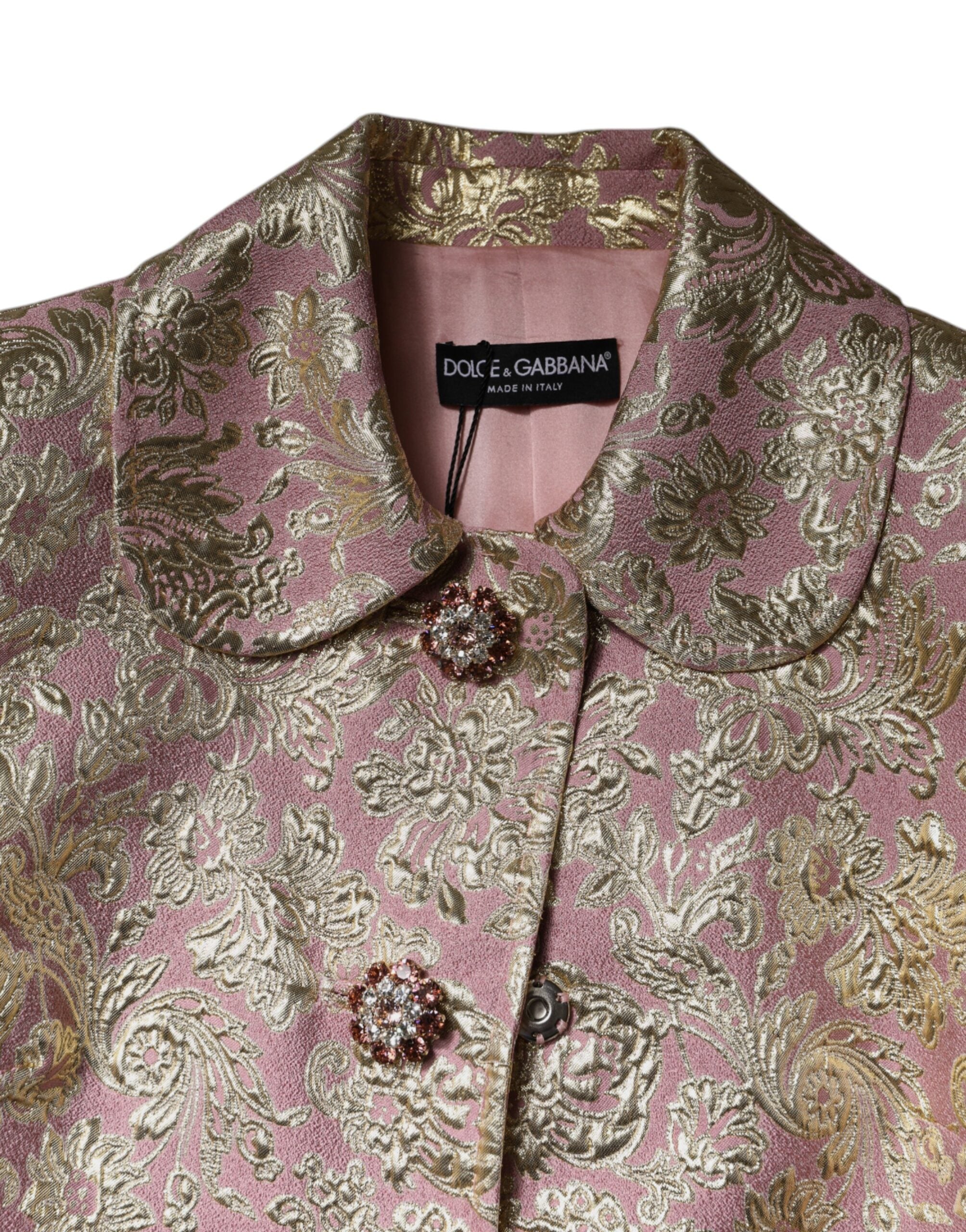 Dolce &amp; Gabbana – Jacquard-Manteljacke mit Schmuckknöpfen in Metallic-Pink-Gold