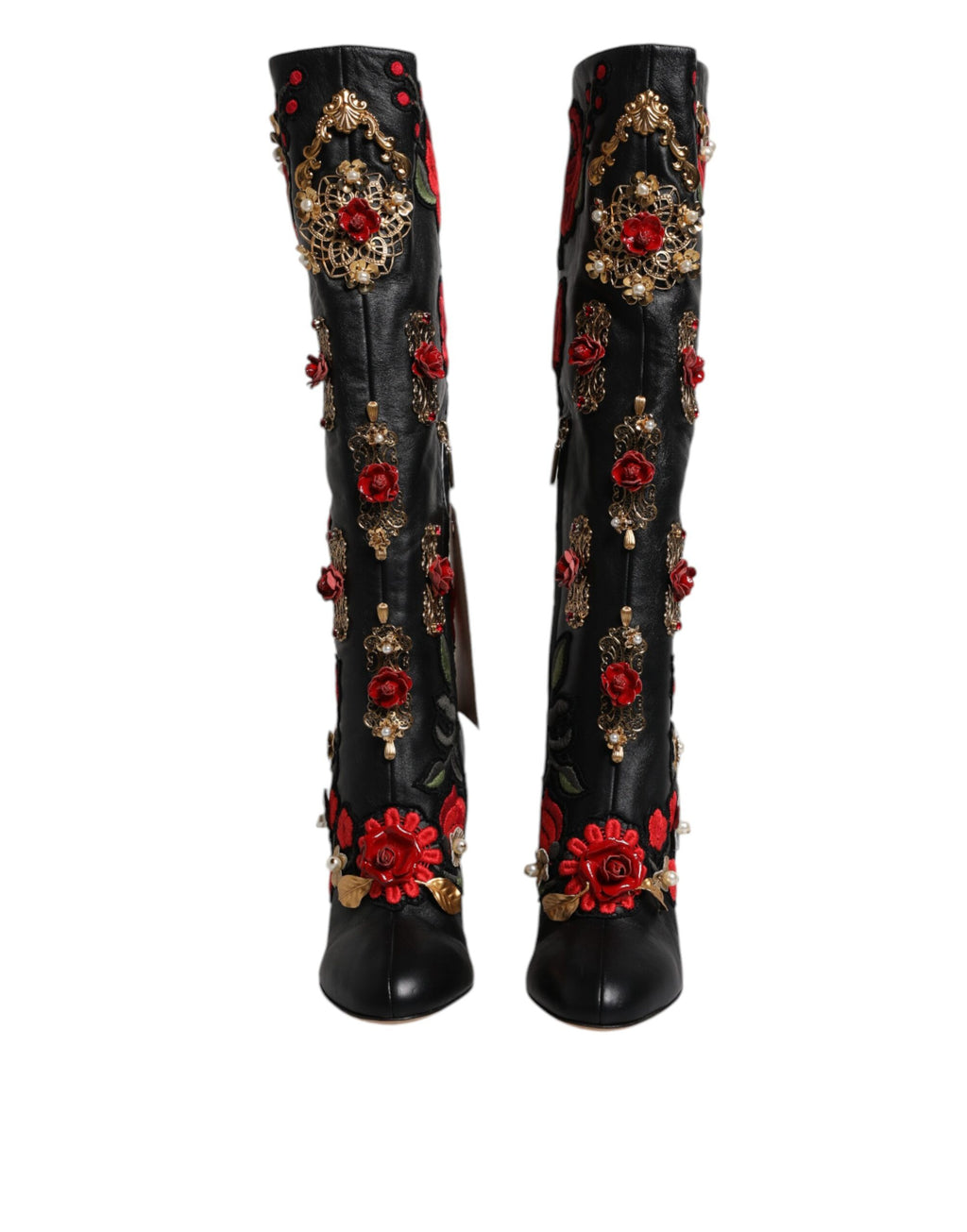 Dolce &amp; Gabbana Schwarze Stiefeletten aus Leder mit Rosenverzierung