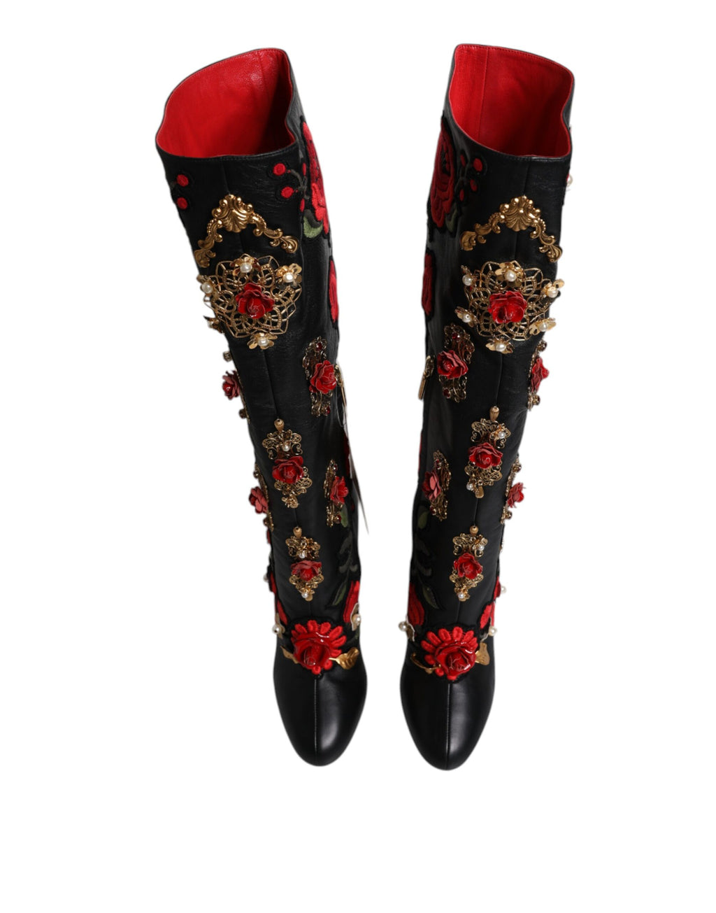 Dolce &amp; Gabbana Schwarze Stiefeletten aus Leder mit Rosenverzierung