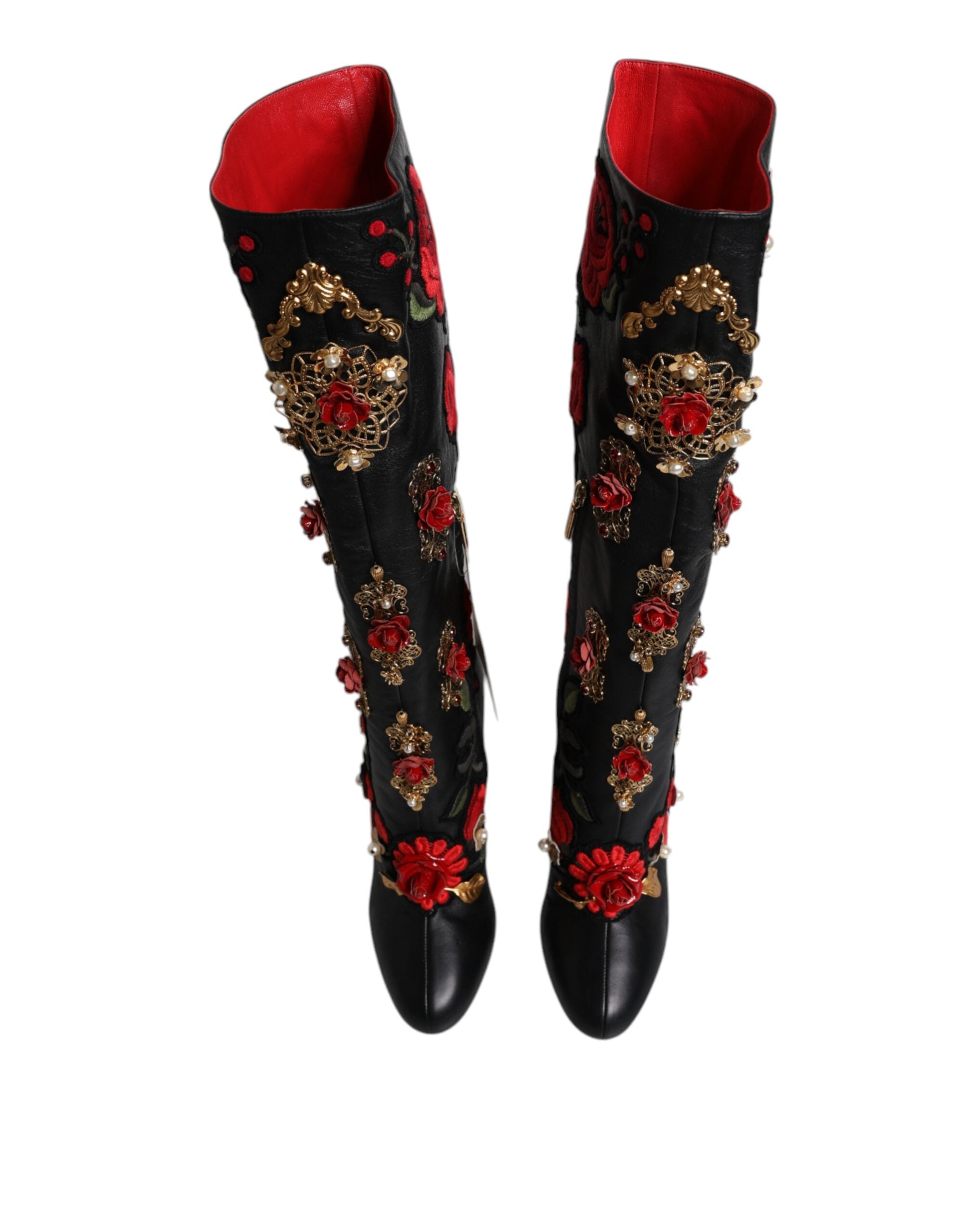 Dolce &amp; Gabbana Schwarze Stiefeletten aus Leder mit Rosenverzierung