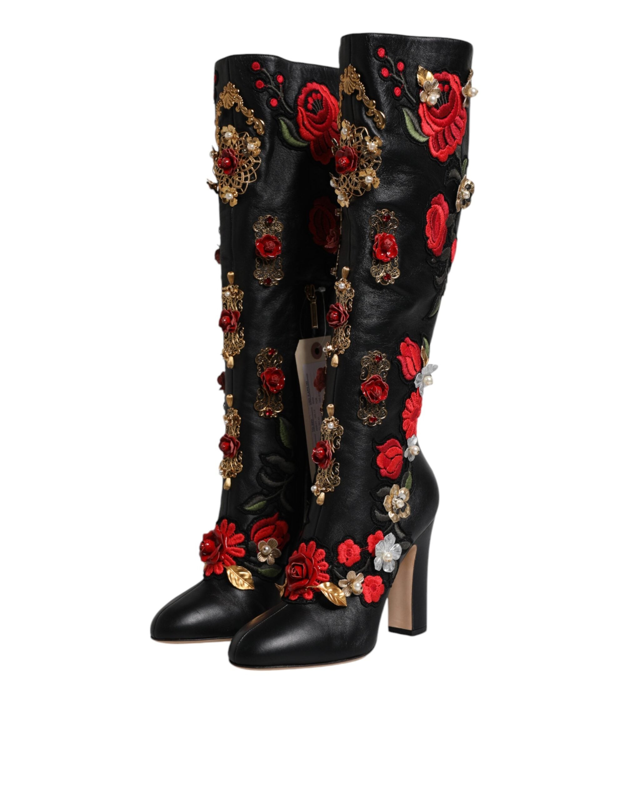 Dolce &amp; Gabbana Schwarze Stiefeletten aus Leder mit Rosenverzierung