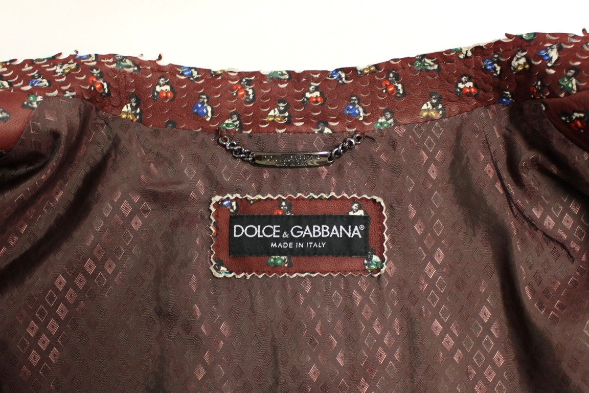 Dolce &amp; Gabbana – Exklusive Lederjacke im Boxer-Print in Bordeaux