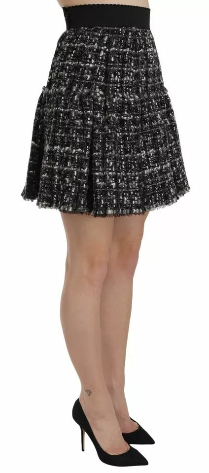 Dolce &amp; Gabbana – Schwarz karierter Minirock aus Wolle mit Volantdetail
