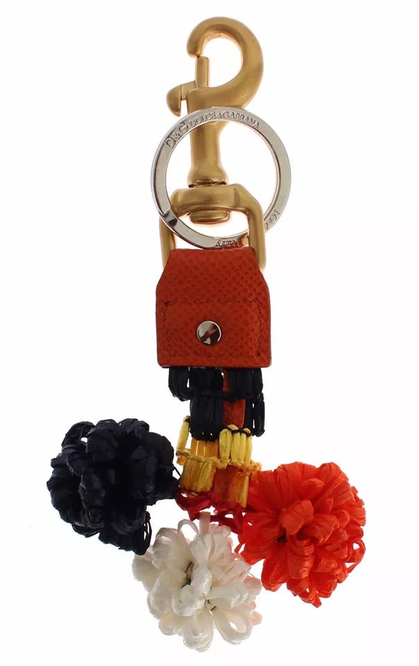 Dolce &amp; Gabbana – Schlüsselanhänger mit Sucherkette aus Raffia-Leder in Braun und Gold