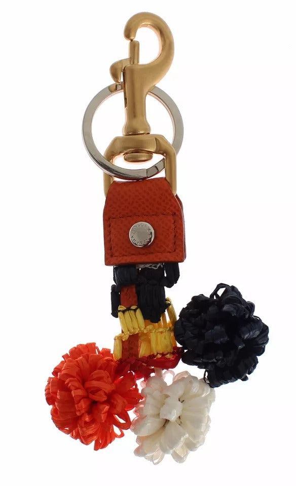 Dolce &amp; Gabbana – Schlüsselanhänger mit Sucherkette aus Raffia-Leder in Braun und Gold