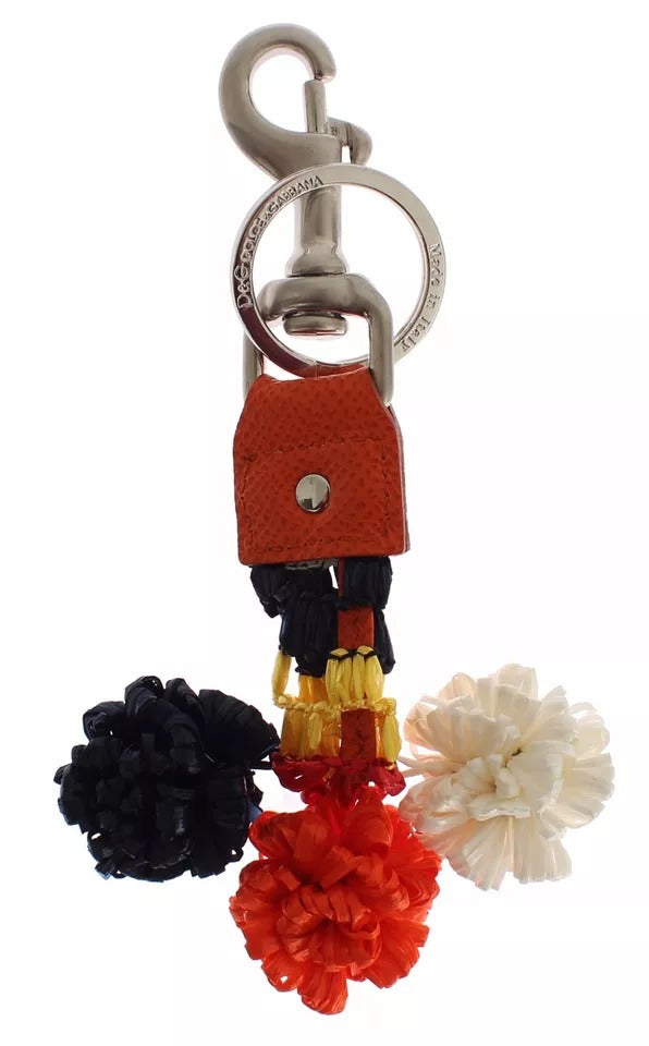 Dolce &amp; Gabbana – Schlüsselanhänger mit Sucherkette aus Raffia-Leder in Silber und Braun