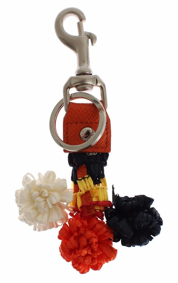 Dolce &amp; Gabbana – Schlüsselanhänger mit Sucherkette aus Raffia-Leder in Silber und Braun