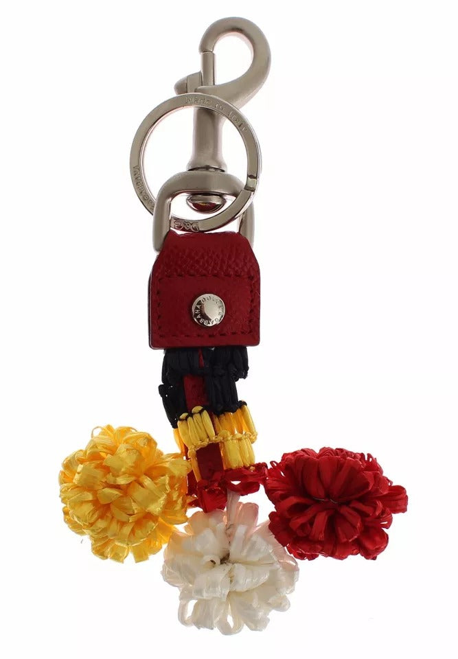 Dolce &amp; Gabbana – Schlüsselanhänger mit Sucherkette aus Raffia-Leder in Silber und Braun