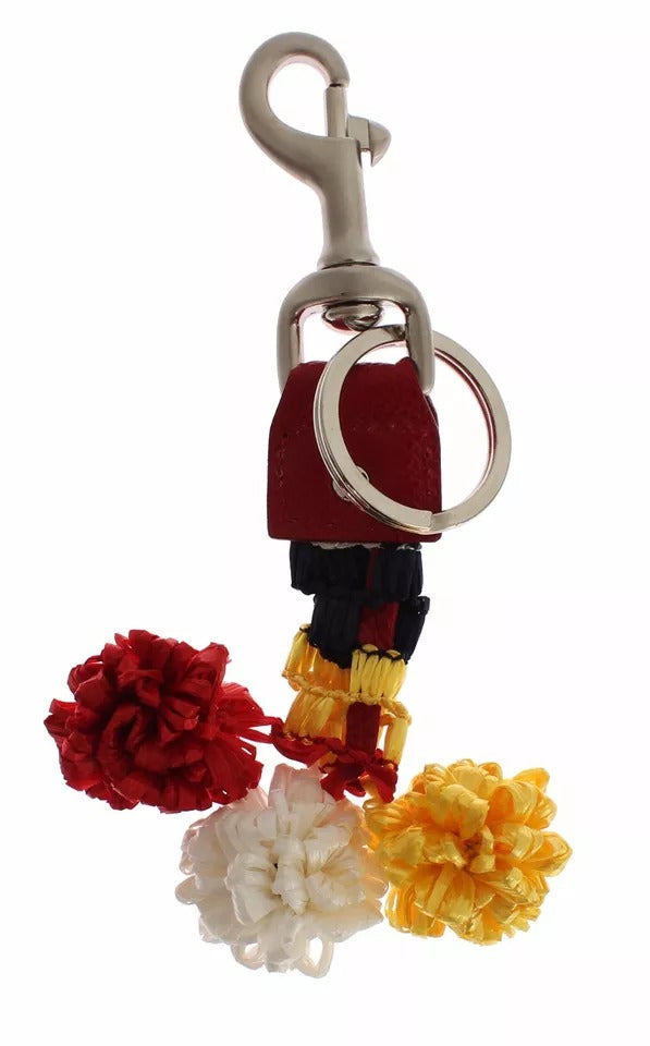 Dolce &amp; Gabbana – Schlüsselanhänger mit Sucherkette aus Raffia-Leder in Silber und Braun