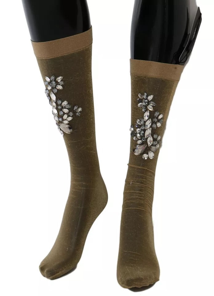 Dolce &amp; Gabbana – Strümpfe mit goldenem Stretch und Blumenmuster und durchsichtigem Kristall