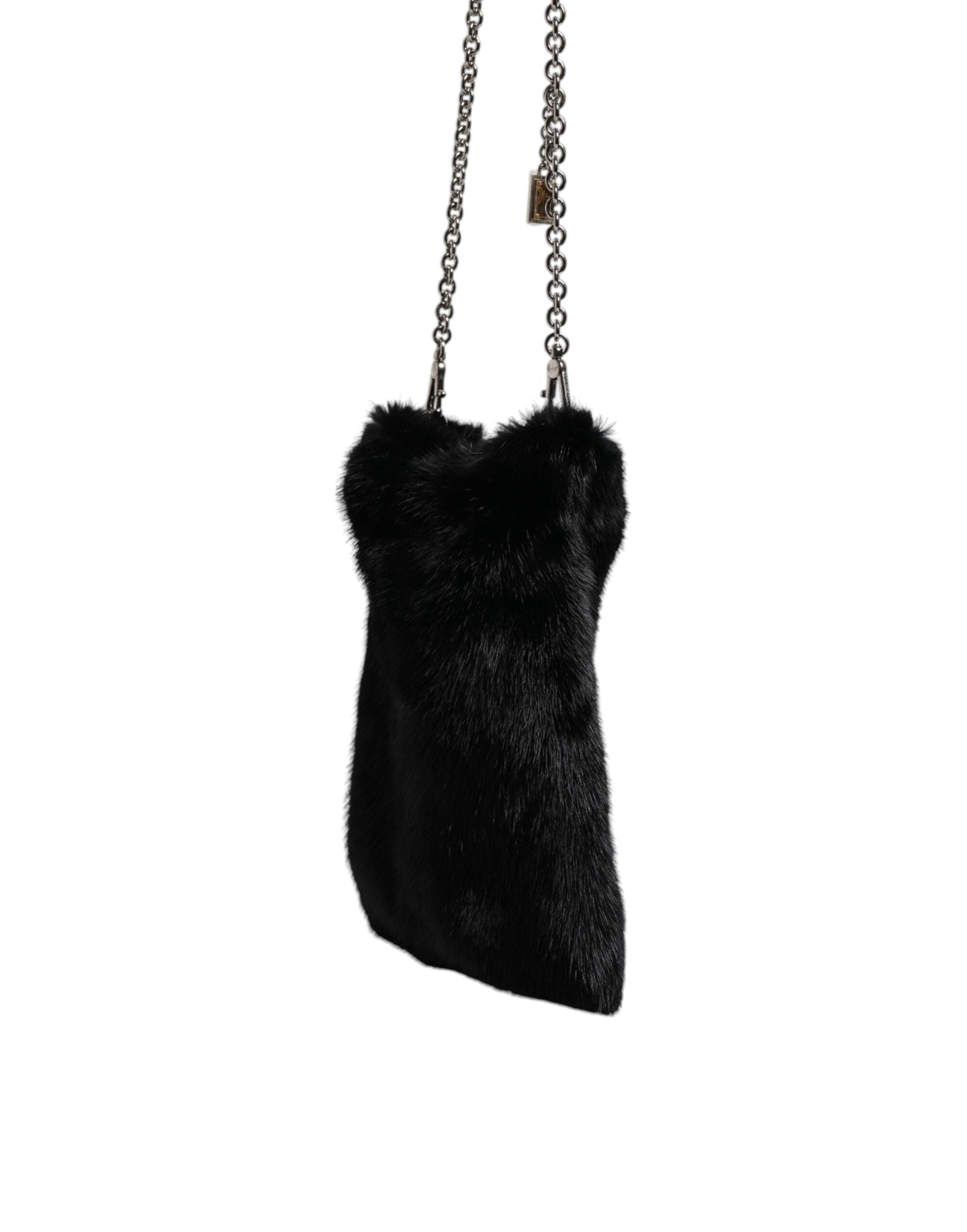 Dolce &amp; Gabbana – Umhängetasche mit silberner Kette und Kunstfell in Schwarz