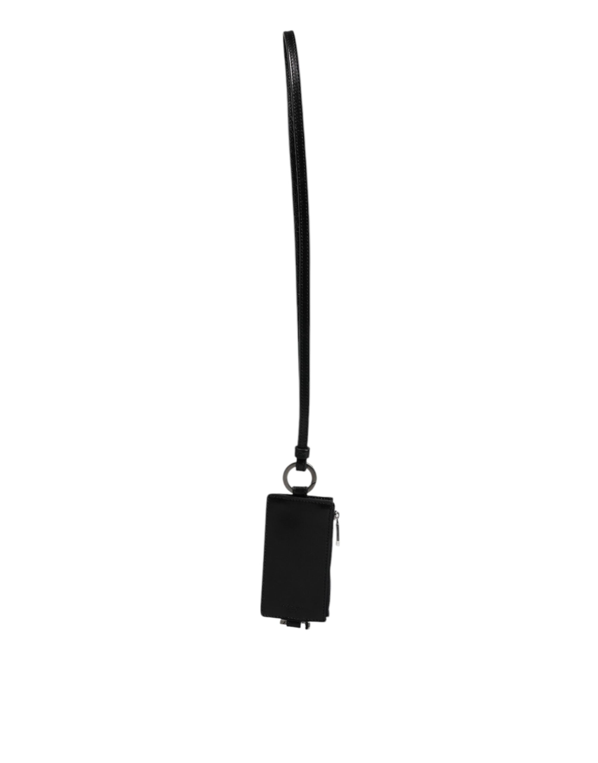 Dolce &amp; Gabbana Schwarzes Kartenetui aus Pferdeleder mit Lanyard und Logo