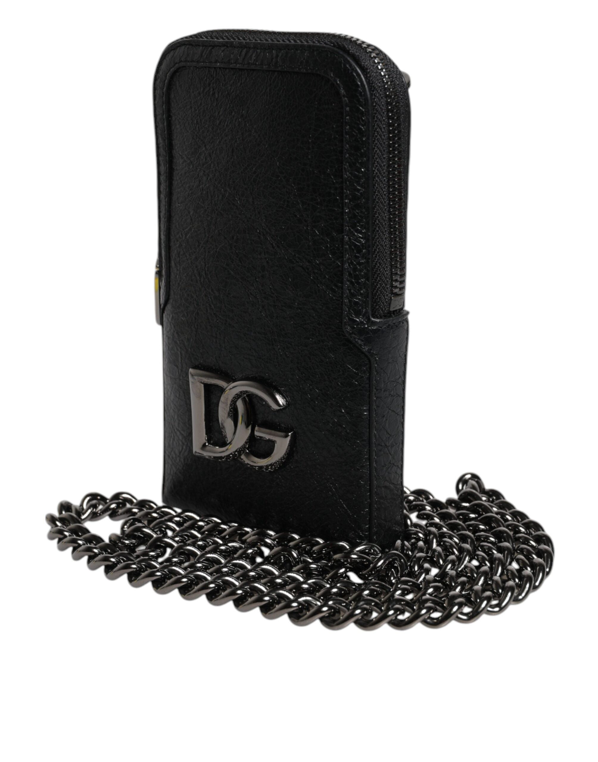 Dolce &amp; Gabbana Schwarze Lederhandtasche, Umhängetasche mit Kette
