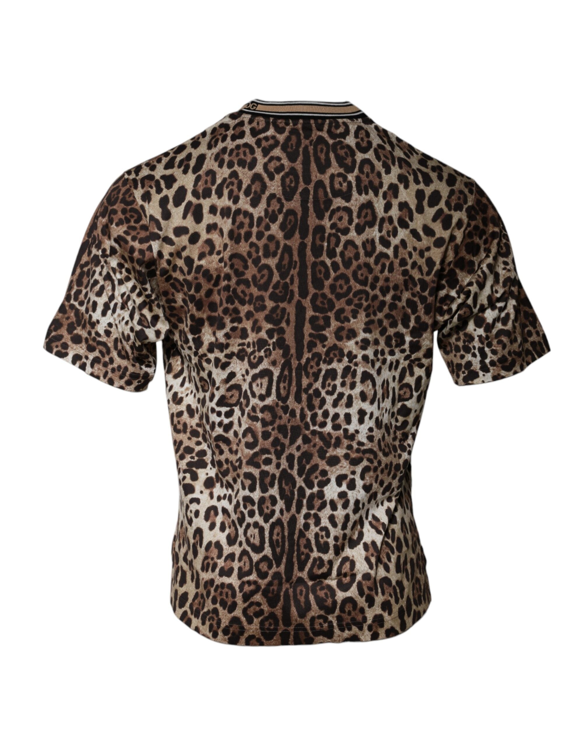 Dolce &amp; Gabbana – Braunes, kurzärmliges T-Shirt mit Rundhalsausschnitt und Leopardenmuster