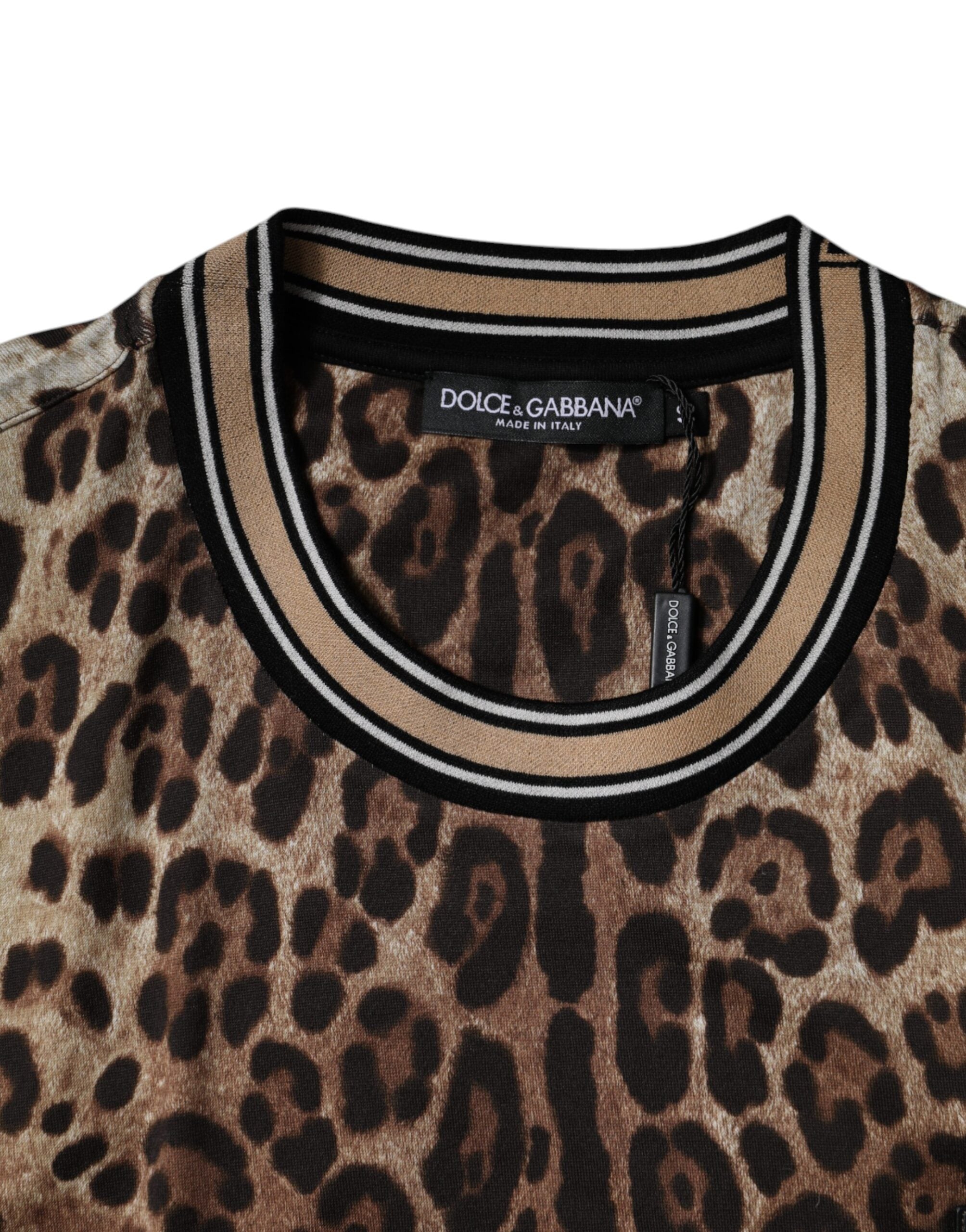Dolce &amp; Gabbana – Braunes, kurzärmliges T-Shirt mit Rundhalsausschnitt und Leopardenmuster