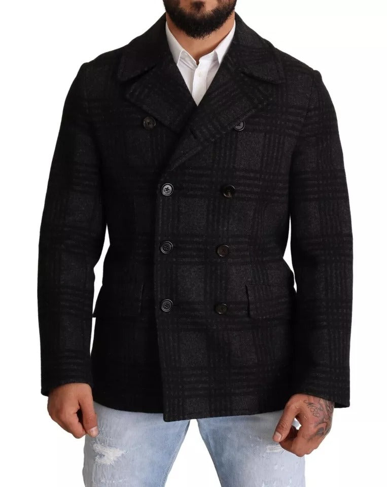 Dolce &amp; Gabbana – Schwarzer Trenchcoat mit Karomuster, Wolljacke