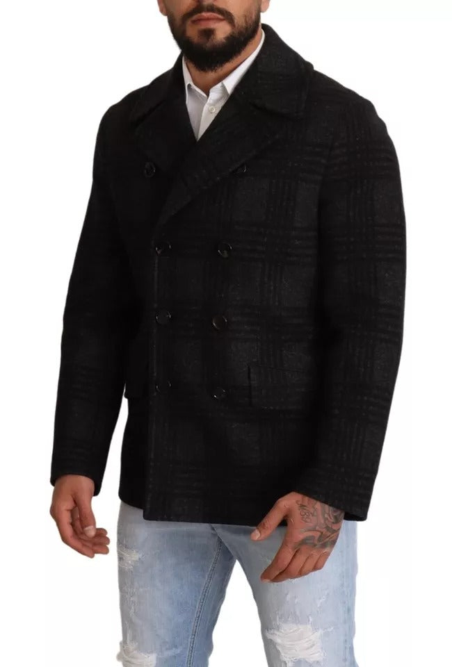 Dolce &amp; Gabbana – Schwarzer Trenchcoat mit Karomuster, Wolljacke