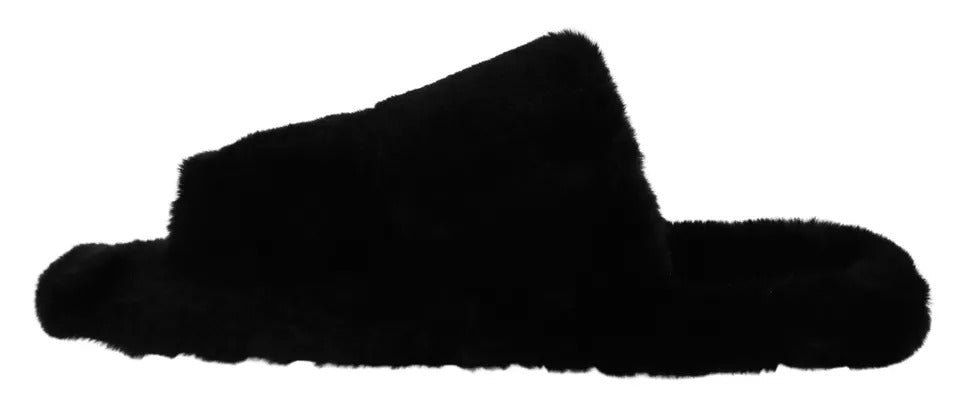 Dolce &amp; Gabbana Schwarze Polyester Kunstfell Herren Flache Sandalen Schuhe